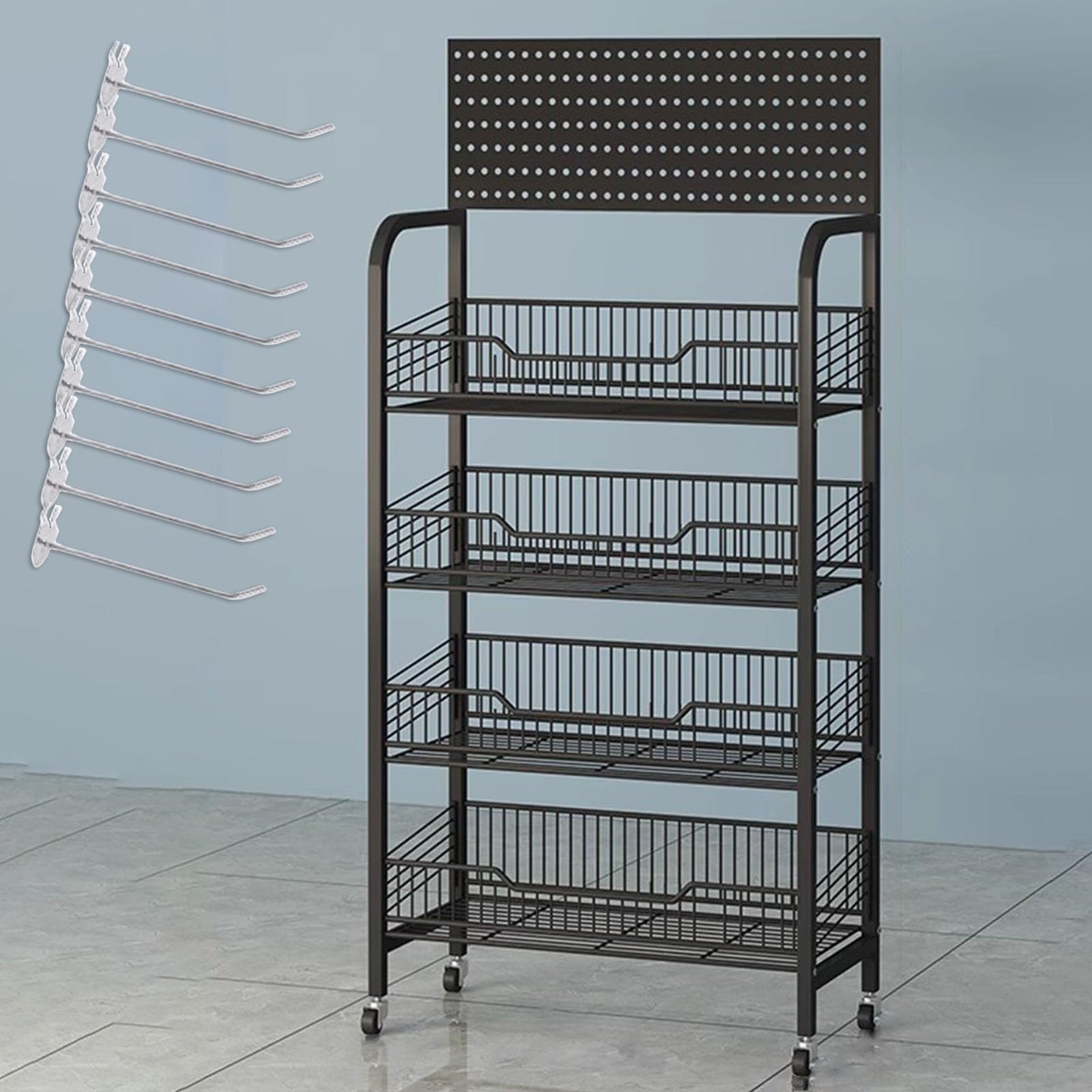 METTEOR Supermarket Shelf Display Rack with Hanging Hook, Rolling Convenience Store Snacks Organizer Cart for Candy/Canned Food/Potato Chips/Drinks,Merchandise Display Shelves(White,4 tie (Black 4