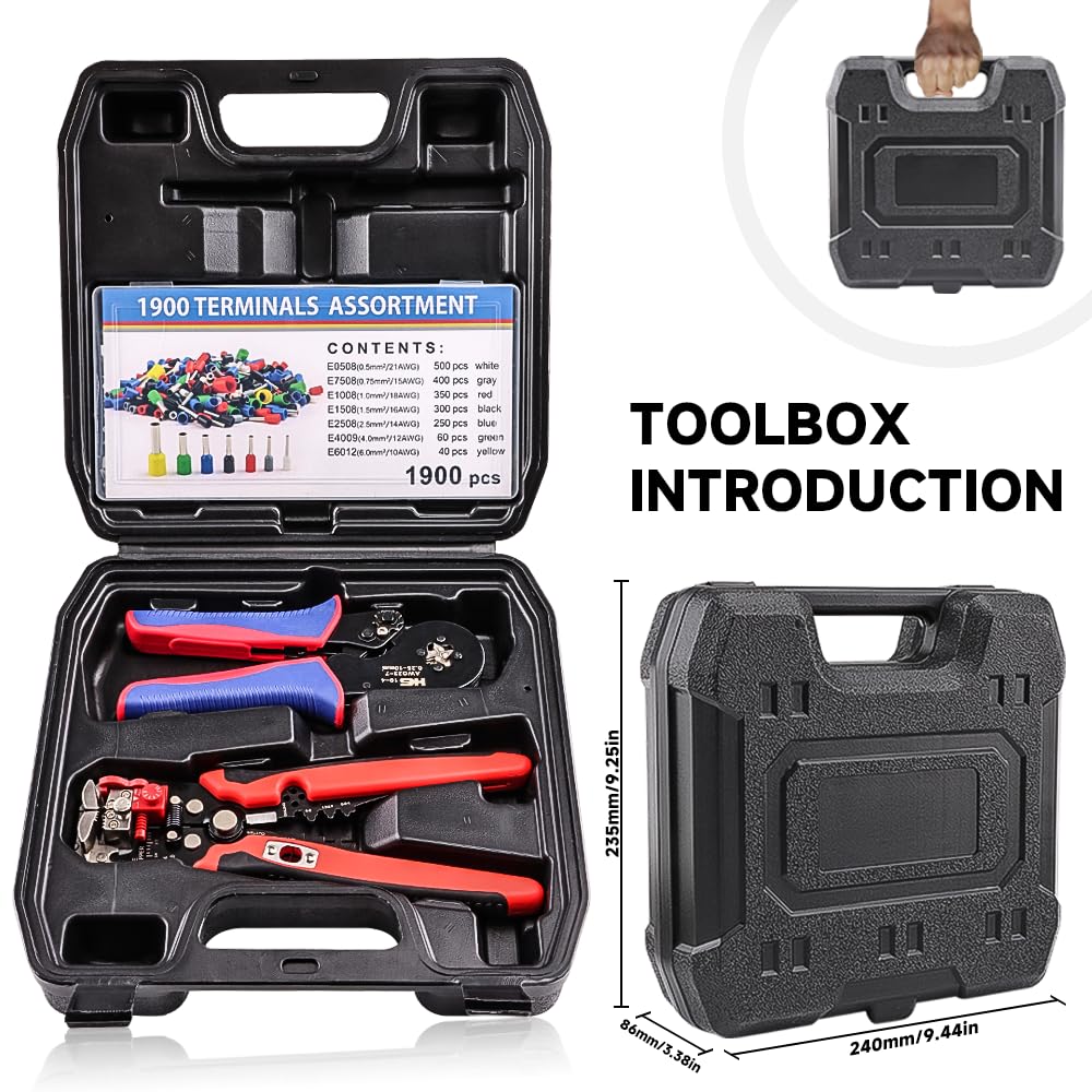 HKS Kit de herramientas de crimpado de virola – Alicates cuadrados (AWG 23-7) con pelacables multiusos y 1900 terminales de mangas de alambre en caja