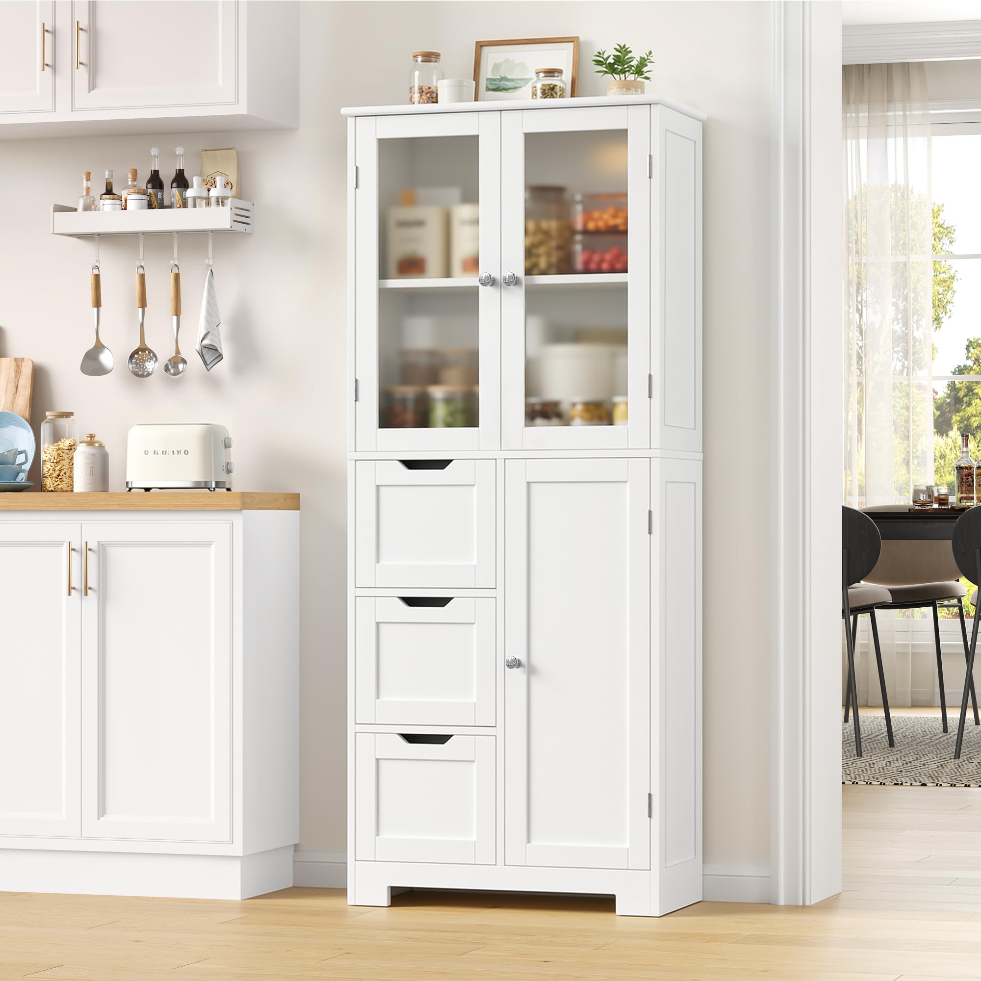 HOCSOK Bathroom Cabinet, Tall Bathroom Cabinet with 3 Doors and 3 Drawers, White Kitchen Cupboard with Adjustable Shelf, Modern Style, for Living Room, Kitchen, Dining Room