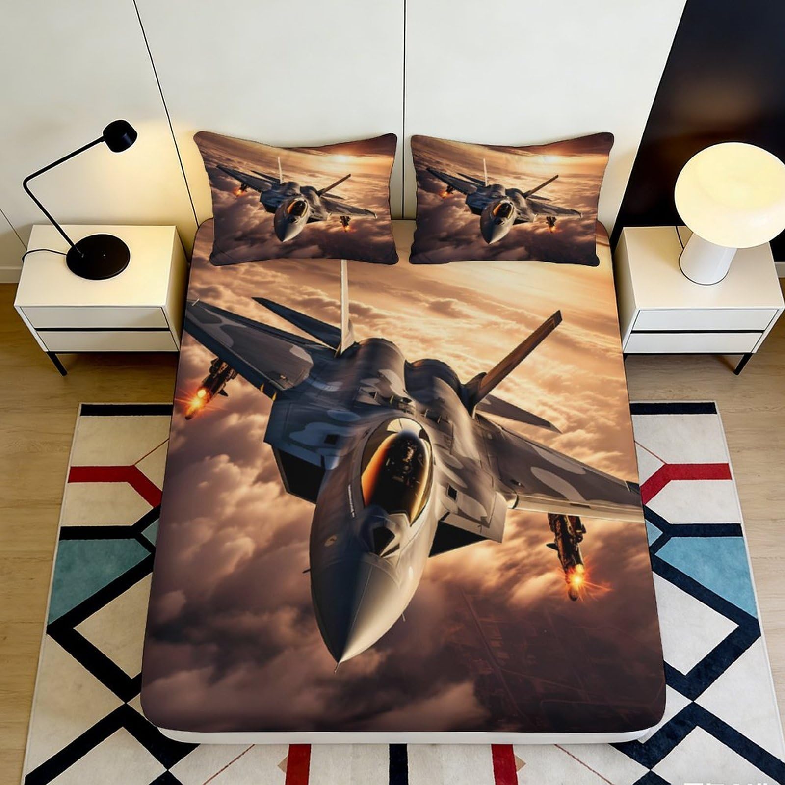 3D Printed Fighter Jet Fitted Sheet Microfiber Soft Breathable Sunset Sky Bed Cover for Bedroom Dorm Mattress Protection Decor 200x200x25cm