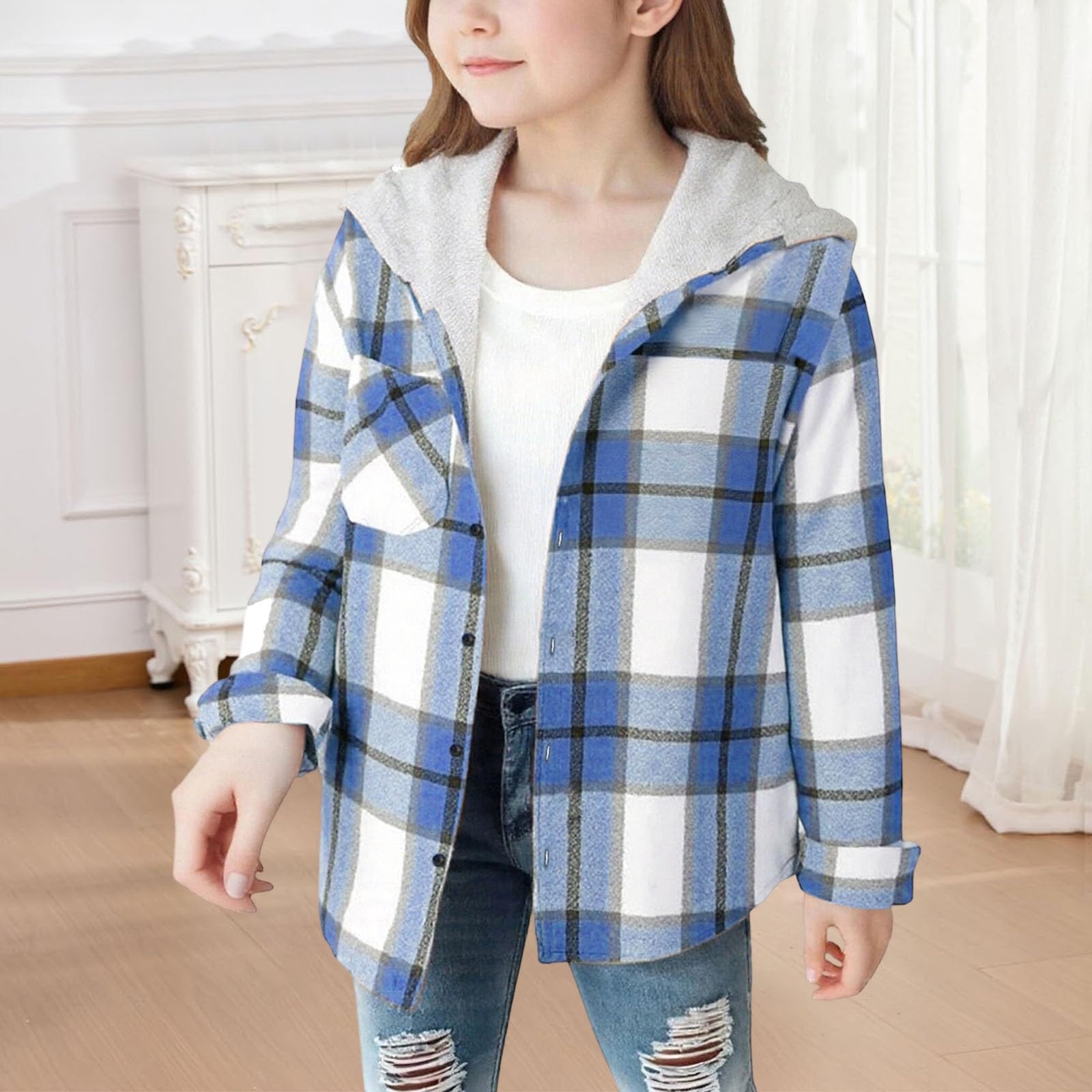Generisch Chaqueta de camisa con capucha a cuadros para niña - Camisa de franela informal para entretiempo