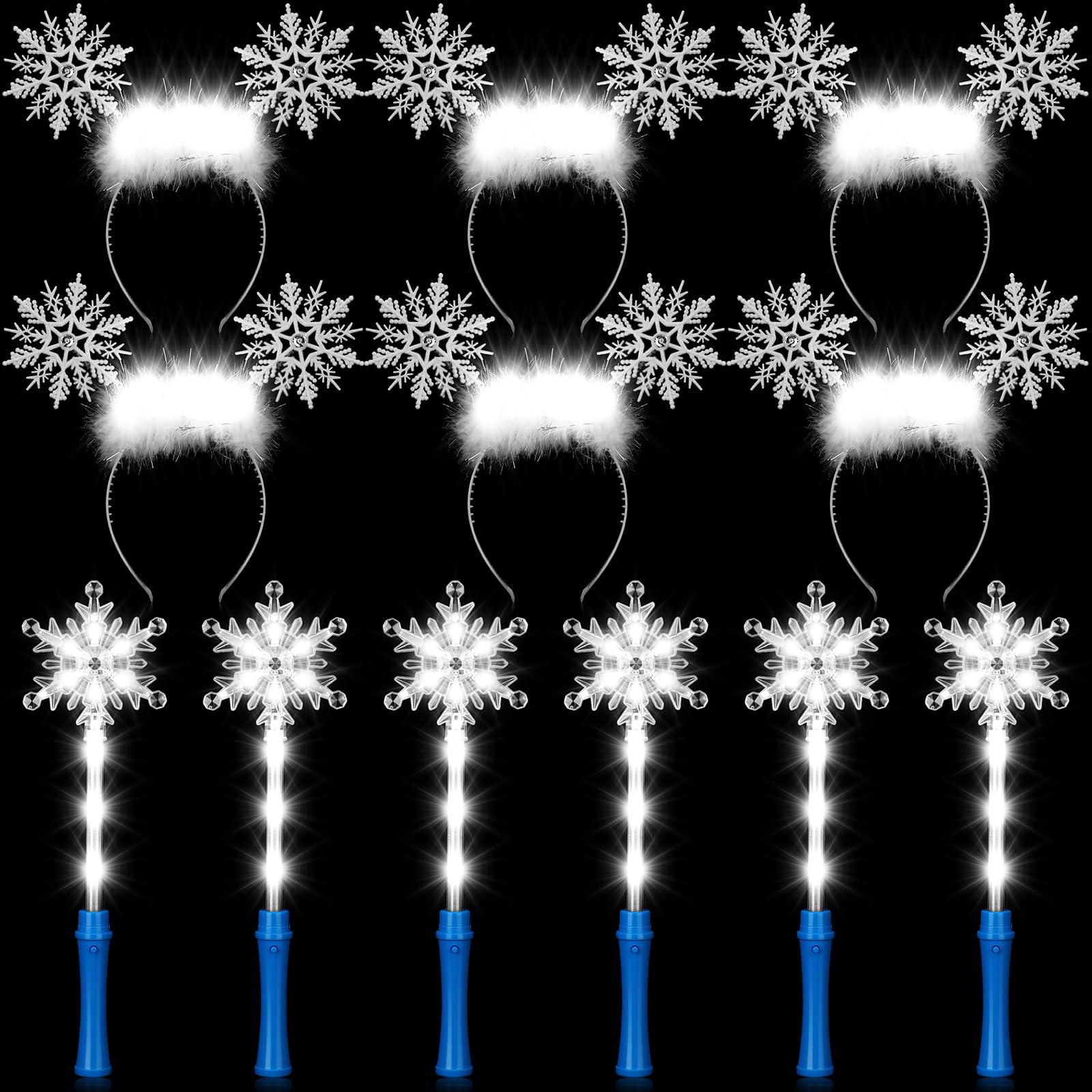 Photo 1 of 12 Pcs Snowflake Accessories with 6 Pcs Light up Snowflake Wand 6 Pcs LED Snowflakes Head Boppers with White Flashing LED Lights for Winter Christmas Birthday Party