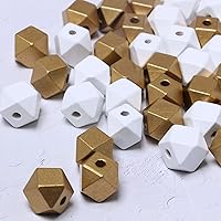 Vista 7 de 100 cuentas geométricas de madera de 0.630 pulgadas, cuentas espaciadoras de madera con forma de polígono dorado y blanco para proyectos