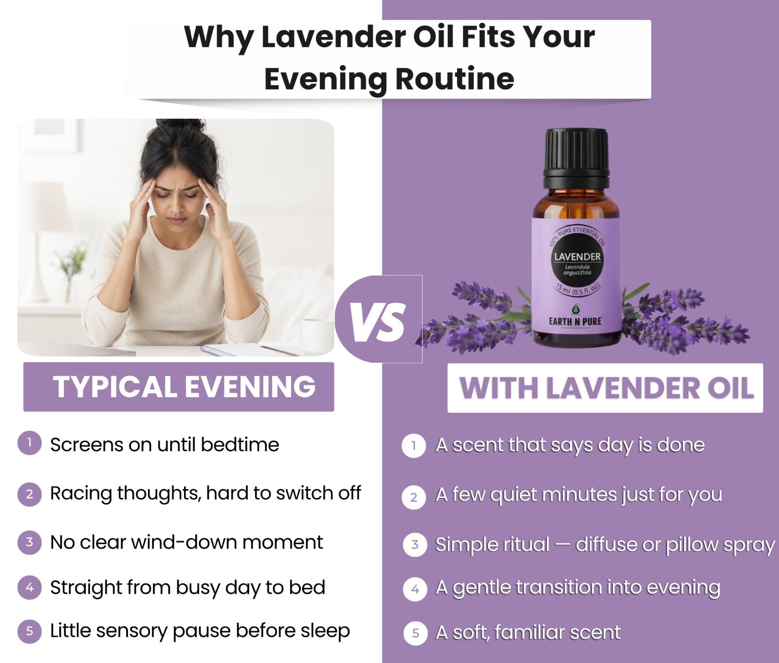 Earth N Pure Lavender Essential Oil (Lavandula Angustifolia) – 100% Pure, Steam-Distilled | For Aromatherapy, Diffuser, Massage, Skin, Hair & DIY | 10ml 2