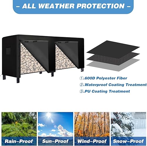 Miniatura 4 de BDL Cubierta impermeable para estante de troncos de 8 pies, resistente al agua, 600D, Oxford, para exteriores, con solapa frontal que se abre
