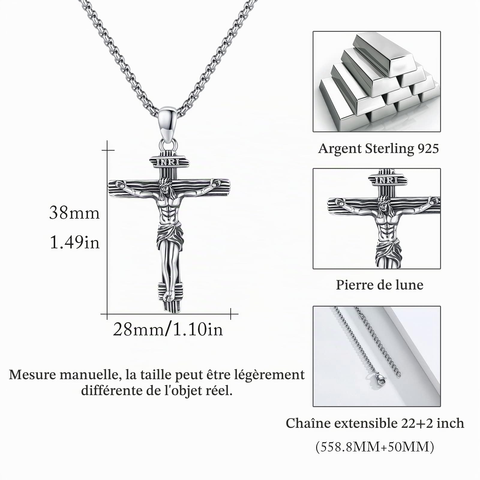 Jésus Croix Collier Pendentif En Argent Sterling 925 Collier En Acier Inoxydable Collier Amulette Chaîne Chrétienne Bijoux Hommes Femmes