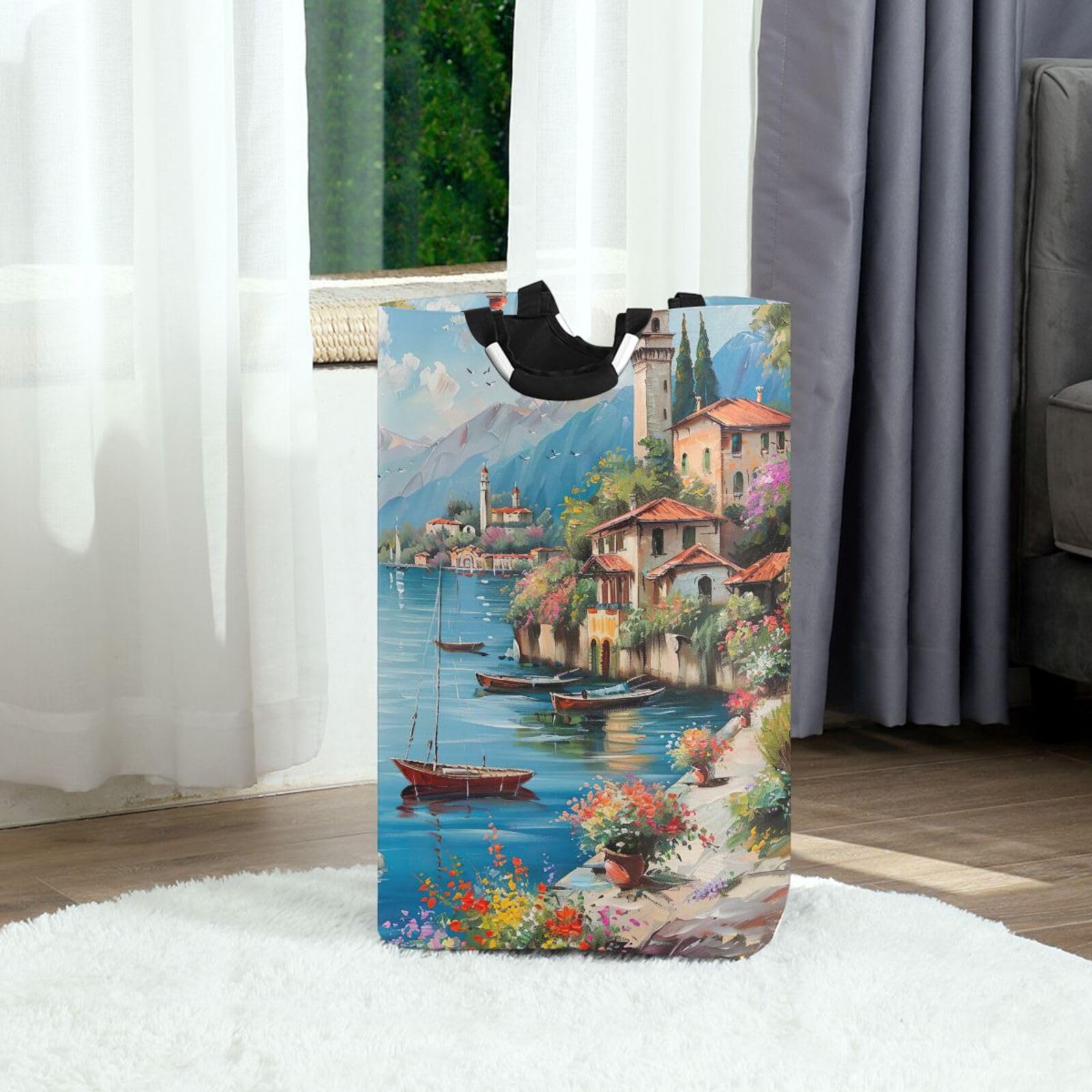 Jihqo Laundry Hamper Basket Beautiful Town River Landscape Collapsible Nursery Storage Bin Waterproof Clothing Baskets for Home Bedroom Bathroom Washing Room