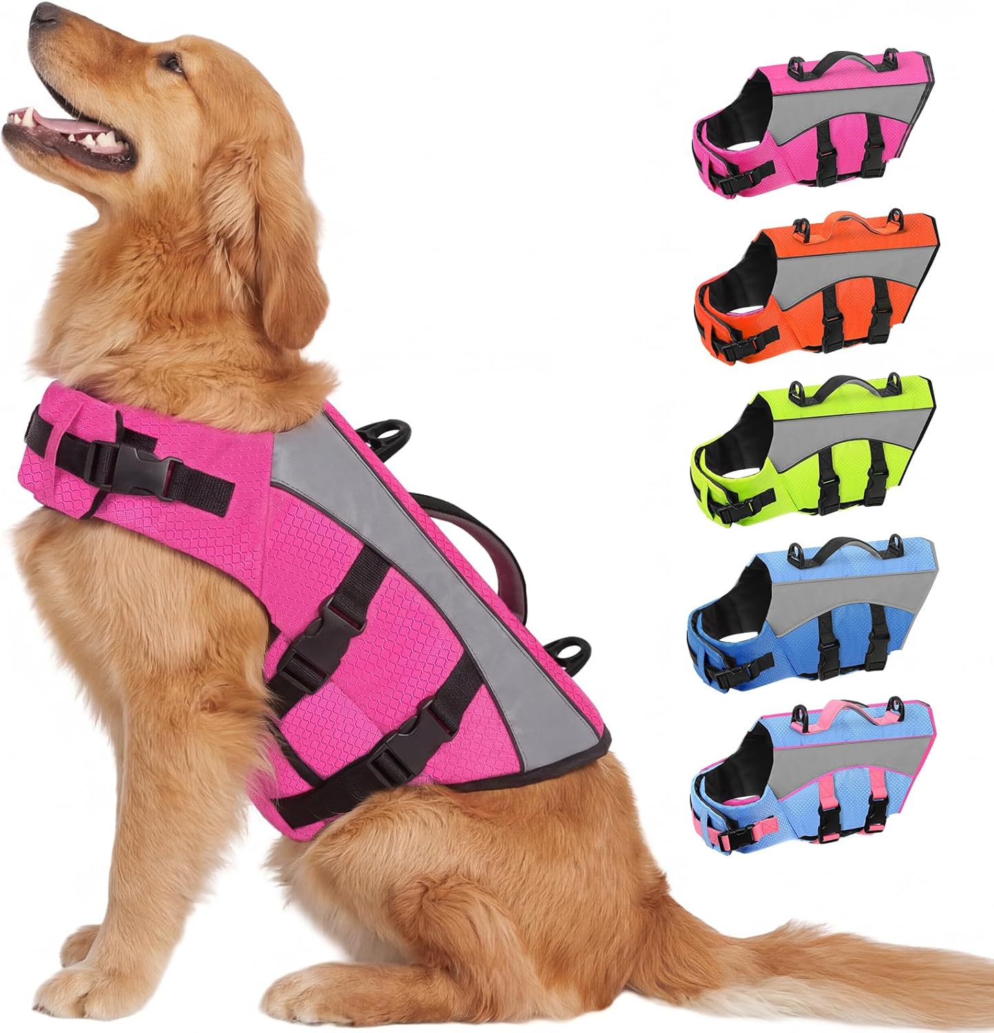 Queenmore Dog Life Vest for Swimming Boating, Adjustable Medium Dog Lifejacket with Durable Rescue Handle, Puppy Life Vest with Enhanced Buoyancy for Swimming Pool Beach Boating, Rose Red, M