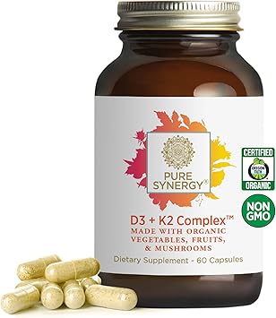 PURE SYNERGY D3 + K2 Complex | Vegan Vitamin D3 K2 Complex | Organic D3 Supplement with Vitamin K2 and K1 Plus Organic Whole Foods | Supports Bone, Brain, and Immune Health 60 Capsules