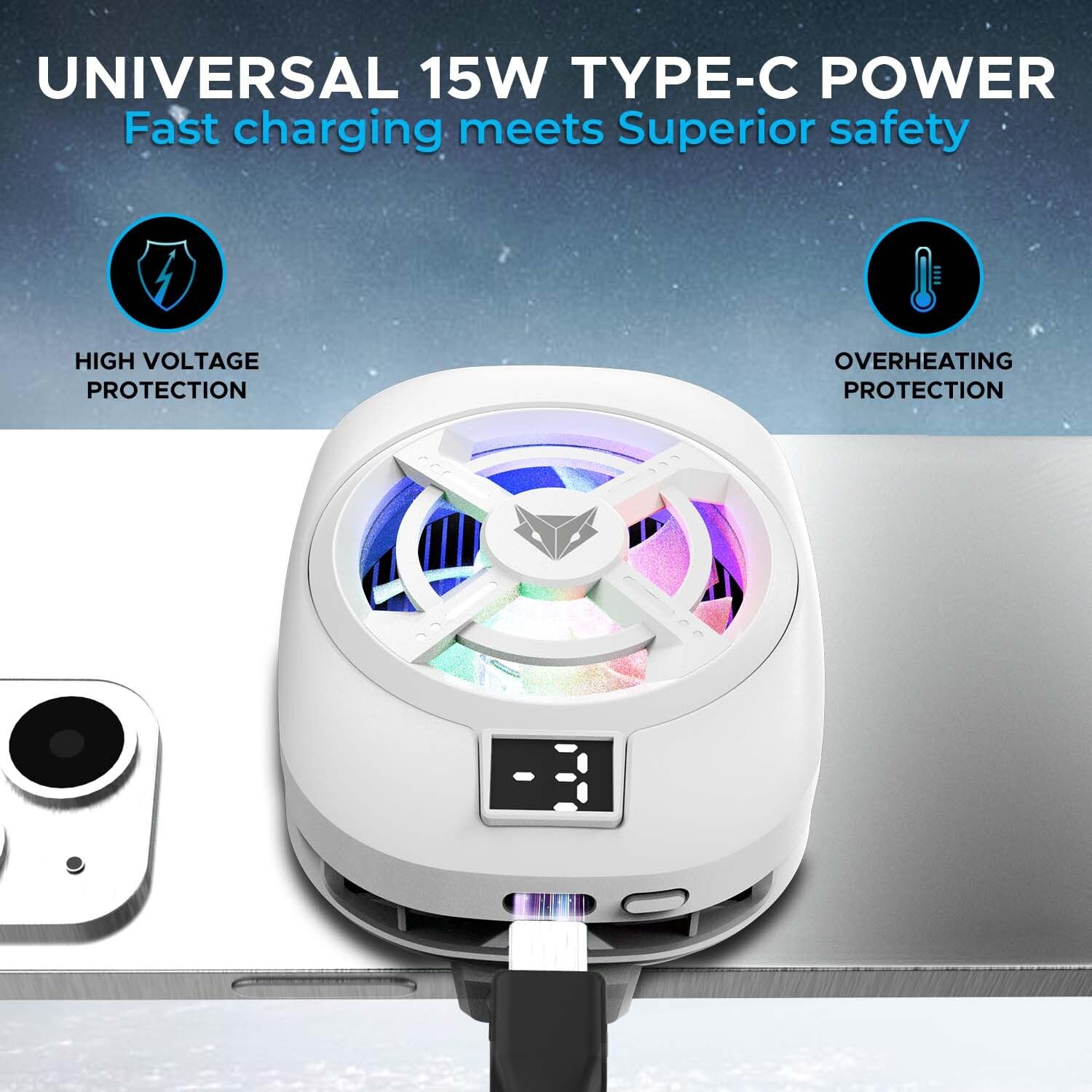 EvoFox Hailstone S Phone Cooler for Gaming | 15W 3 Level Cooling | 5000 RPM 7-Blade| Clamp Mount | RGB | Semiconductor Tech | Type-C Powered & Display | Compatible for Android and iPhones (White) — Amazon image 6