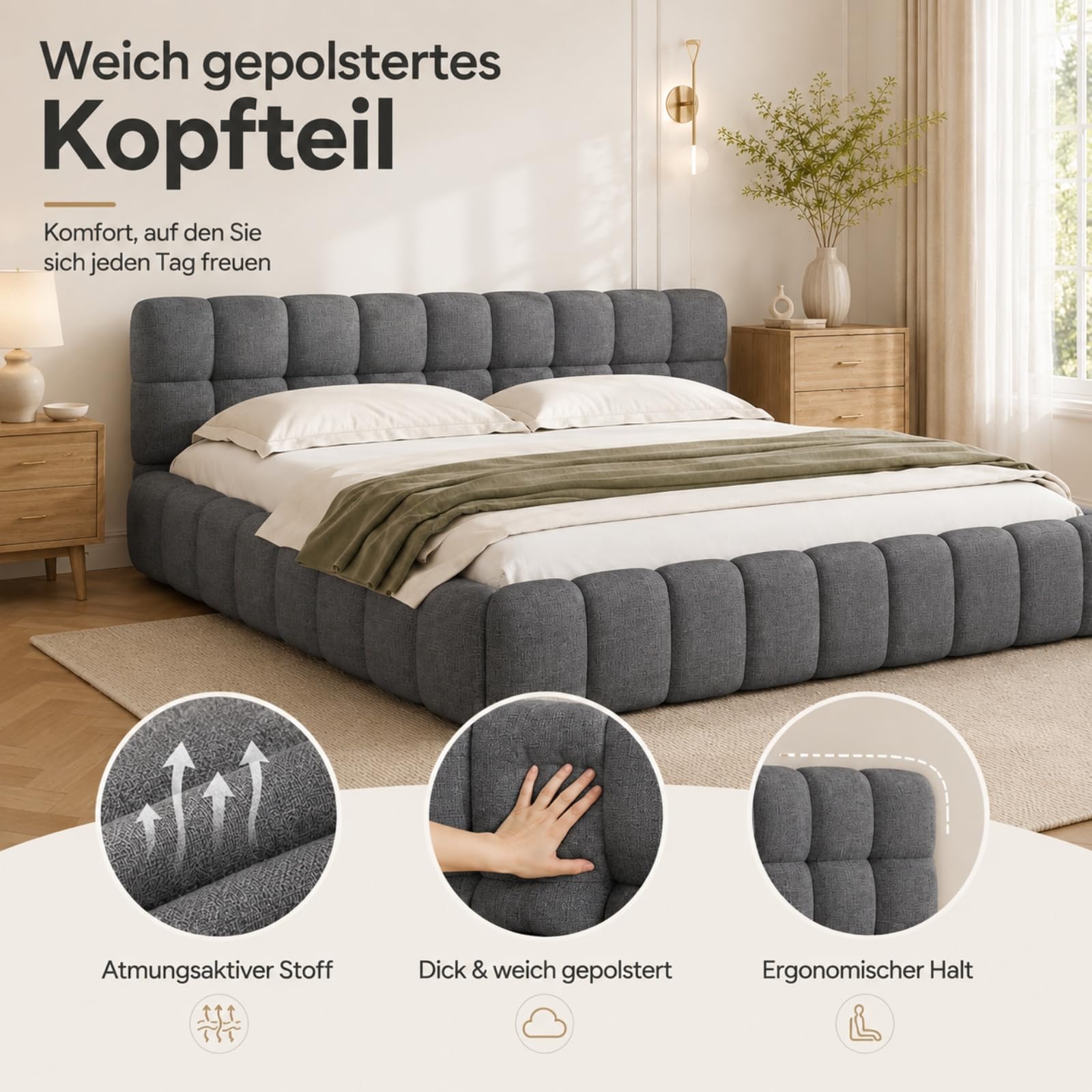 Fofetbfo Polsterbett 140x200, Doppelbett mit Bettkasten, Bubble Bett Jugendbett mit Lattenrost und Gepolstertes Kopfteil, Flachbett Gästebett, Leinen Beige,ohne Matratze (grau, 140x200 cm)