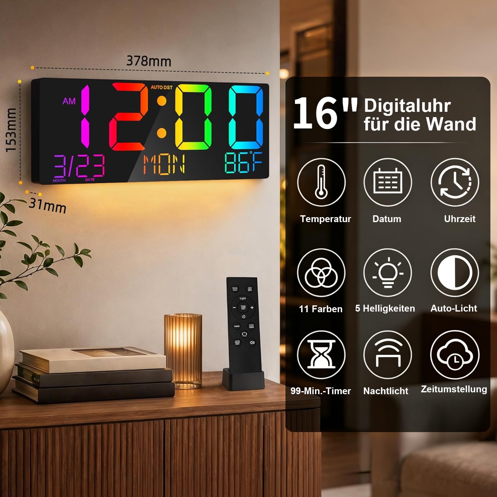 HUO JI Horloge murale numérique LED de 40,6 cm avec grands chiffres