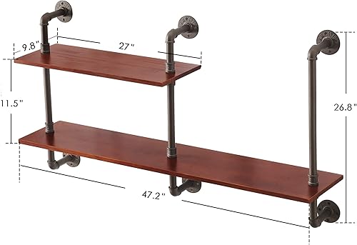Miniatura 2 de ivinta Estantes flotantes de 2 niveles, estante de tubería industrial montado en la pared, estante de madera maciza para cocina, oficina, estante de