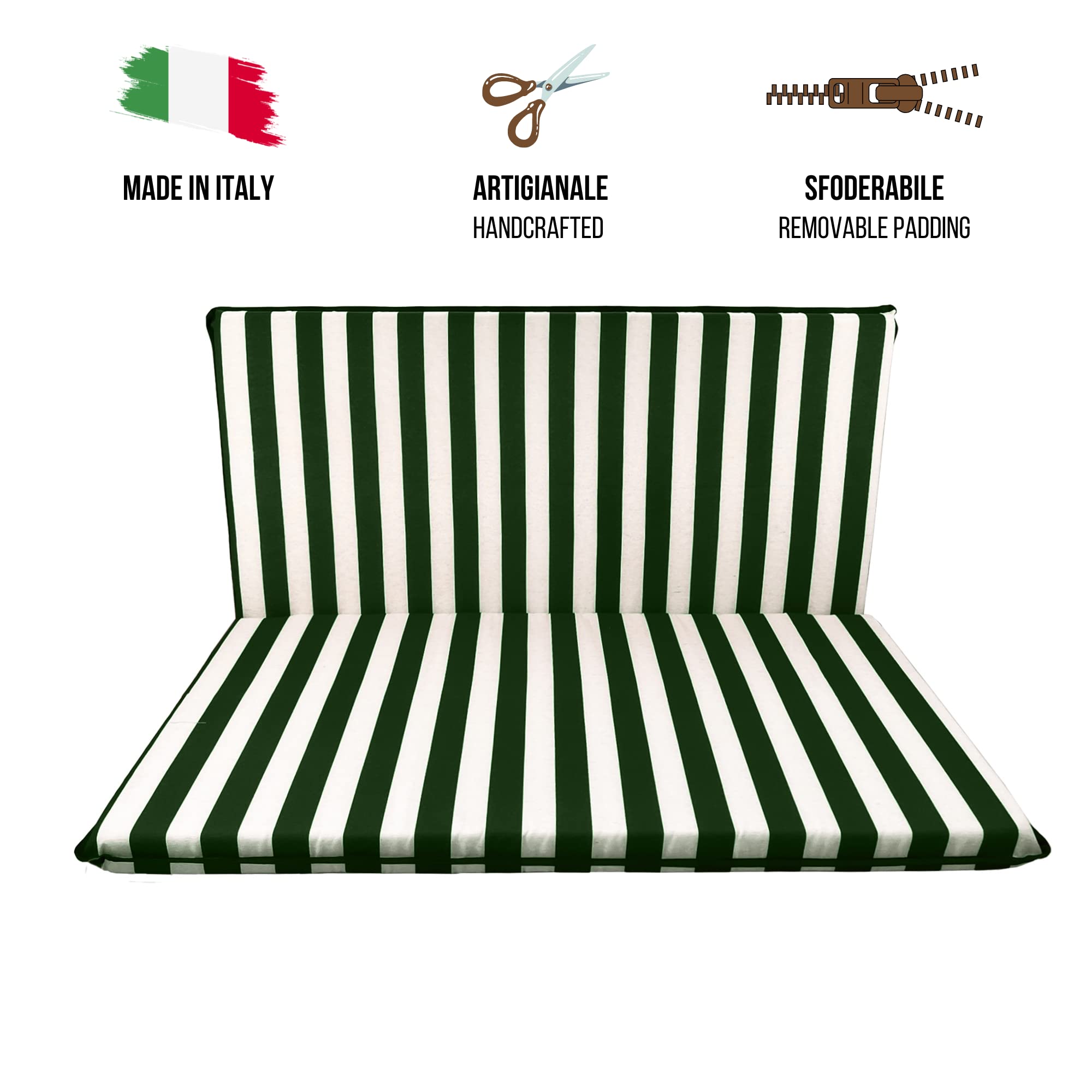 Il Tuo Artigiano Design Cuscino fasciato per dondolo da giardino 2, 3 e 4 posti spessore 8 cm (3 posti, 140x50 cm, Bianco e Verde)