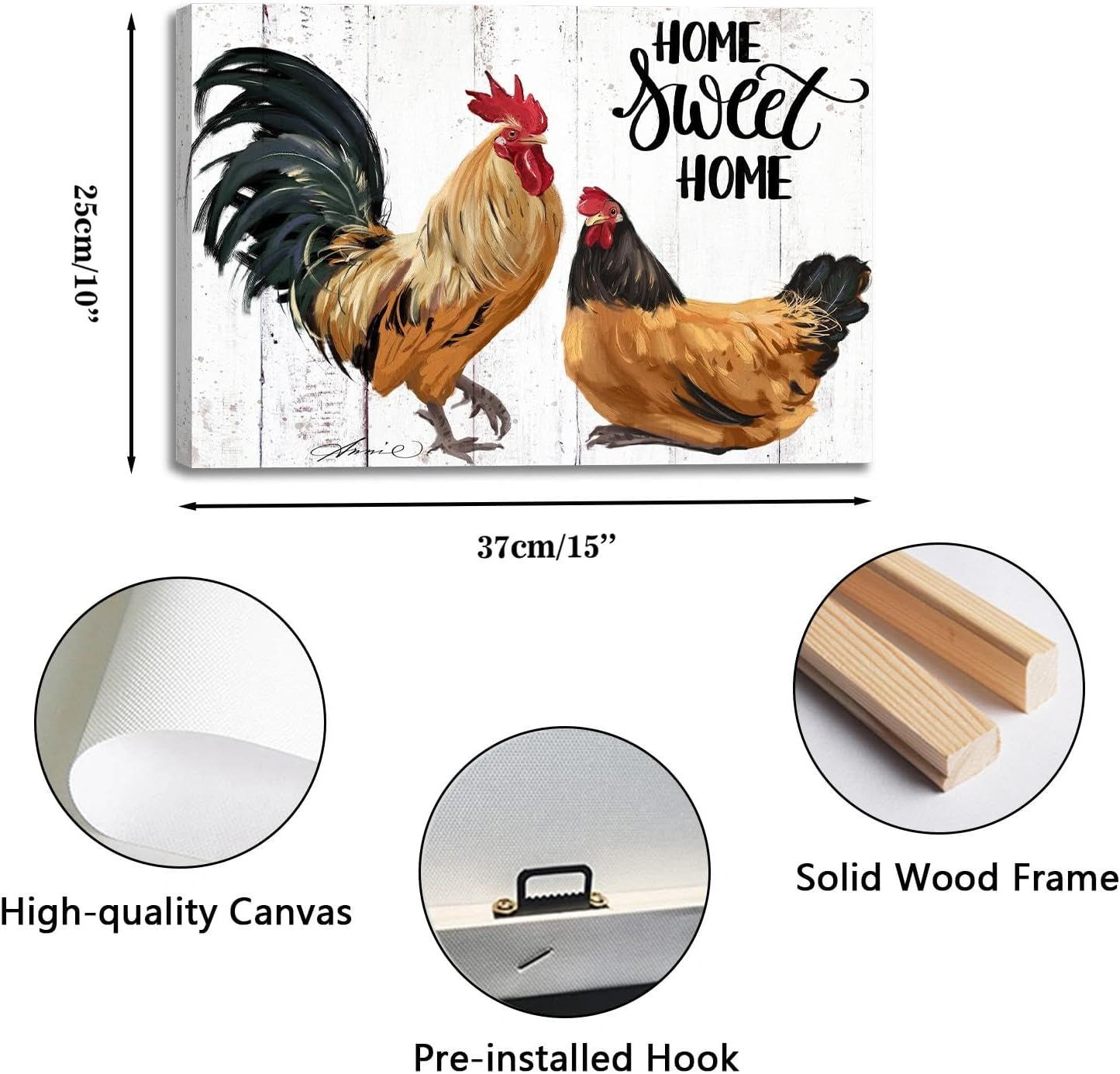 Farmhouse Rooster Wall Art Canvas Print - Rustic Kitchen Decor Painting for Home, Country Chicken Themed Artwork 10“x15"