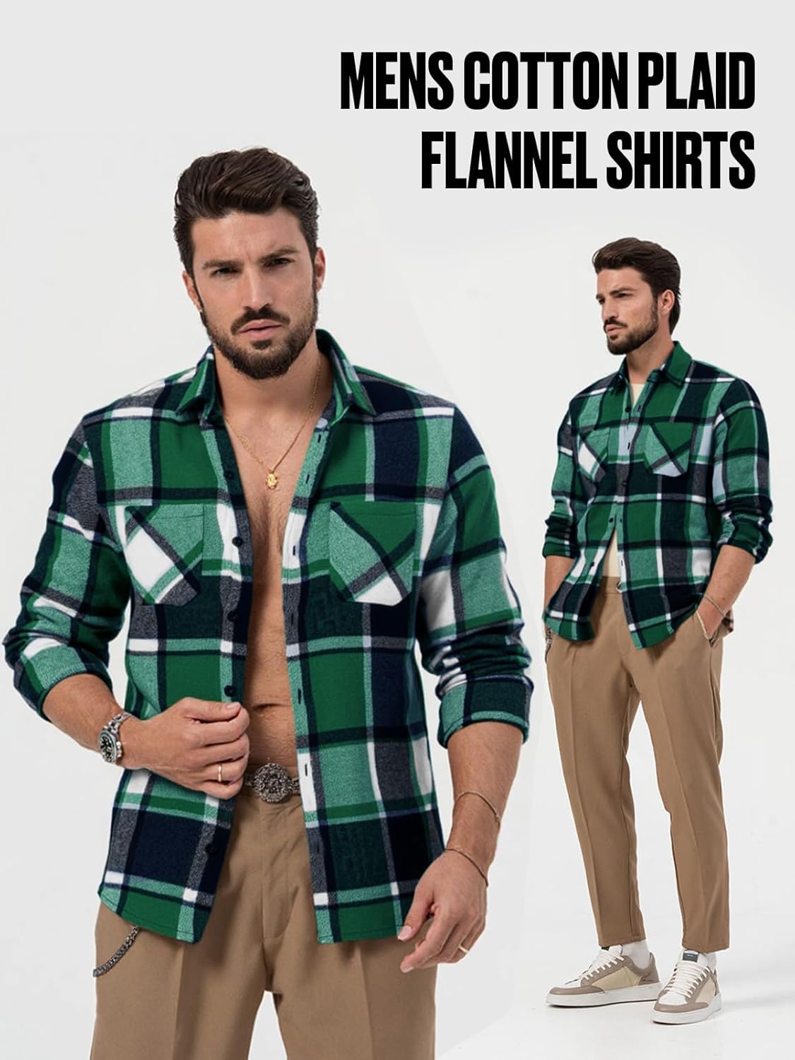Yousify Mens Flannel Shirts Button Down Long Sleeve Cotton Plaid Shirt Jacket Casual Fall Shackets with Pockets - Image 5