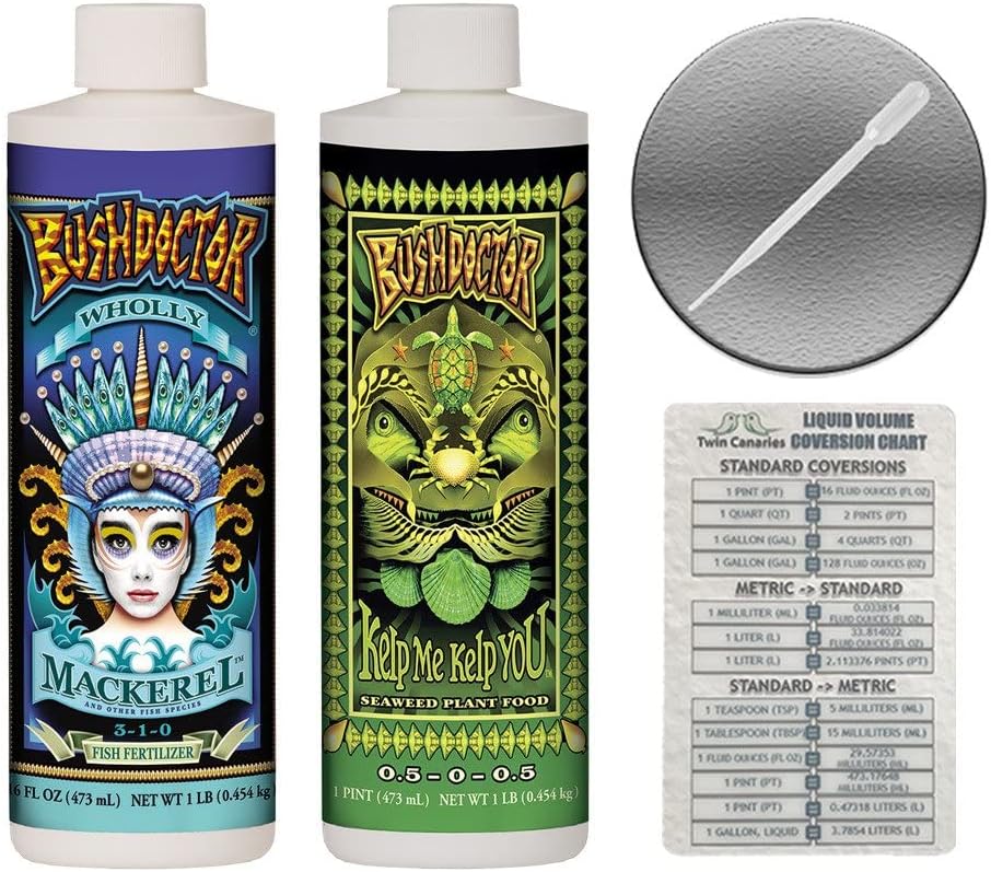 FoxFarm Bush Doctor Duo: Kelp Me Kelp You & Wholly Mackerel (Pack of 2 - 1 Pint Bottles) + Twin Canaries Chart & Pipette