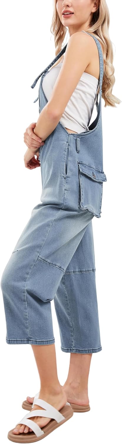 CHARTOU Women's Casual Loose Fit Jean Jumpsuit Overalls Crop Harem Denim Pants - Image 6