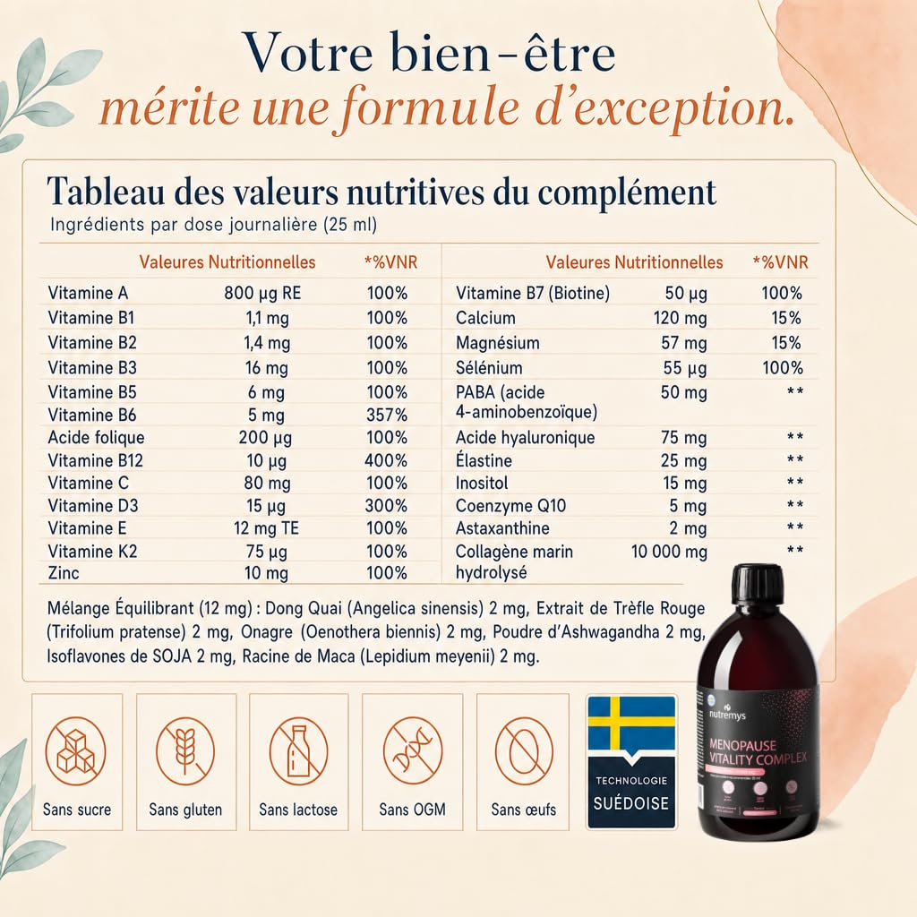 Collagène Marin Liquide 10 000 mg à Boire – Ménopause sans Hormones + Acide Hyaluronique & Vitamine C – Anti-Âge Peau, Cheveux, Ongles & Bouffées de Chaleur – Goût Orange Sans Sucre 500 ml