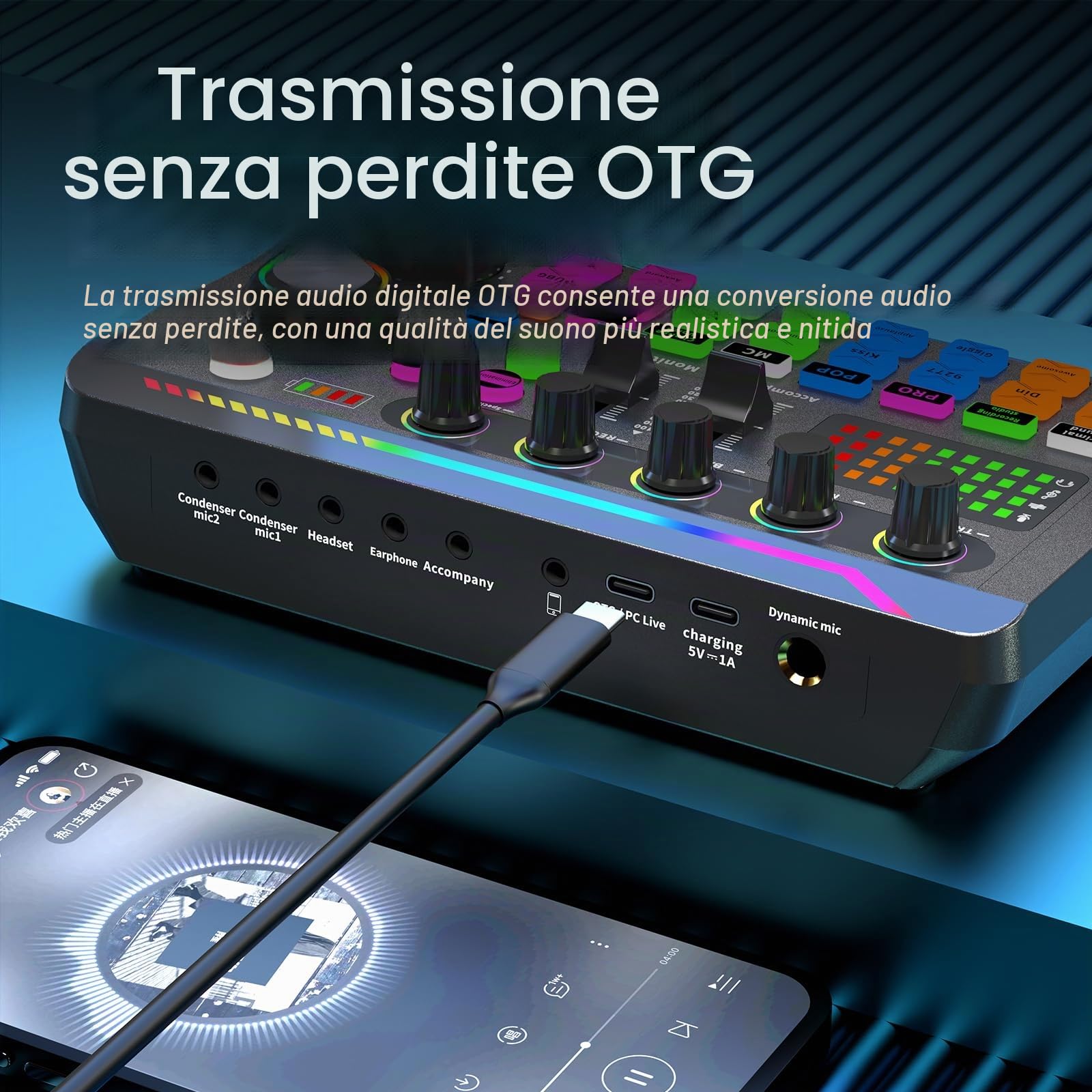 Scheda audio dal vivo, mixer con 16 effetti di cambiamento del suono, DJ in streaming Bluetooth, per registrazione/podcasting/giochi/live streaming