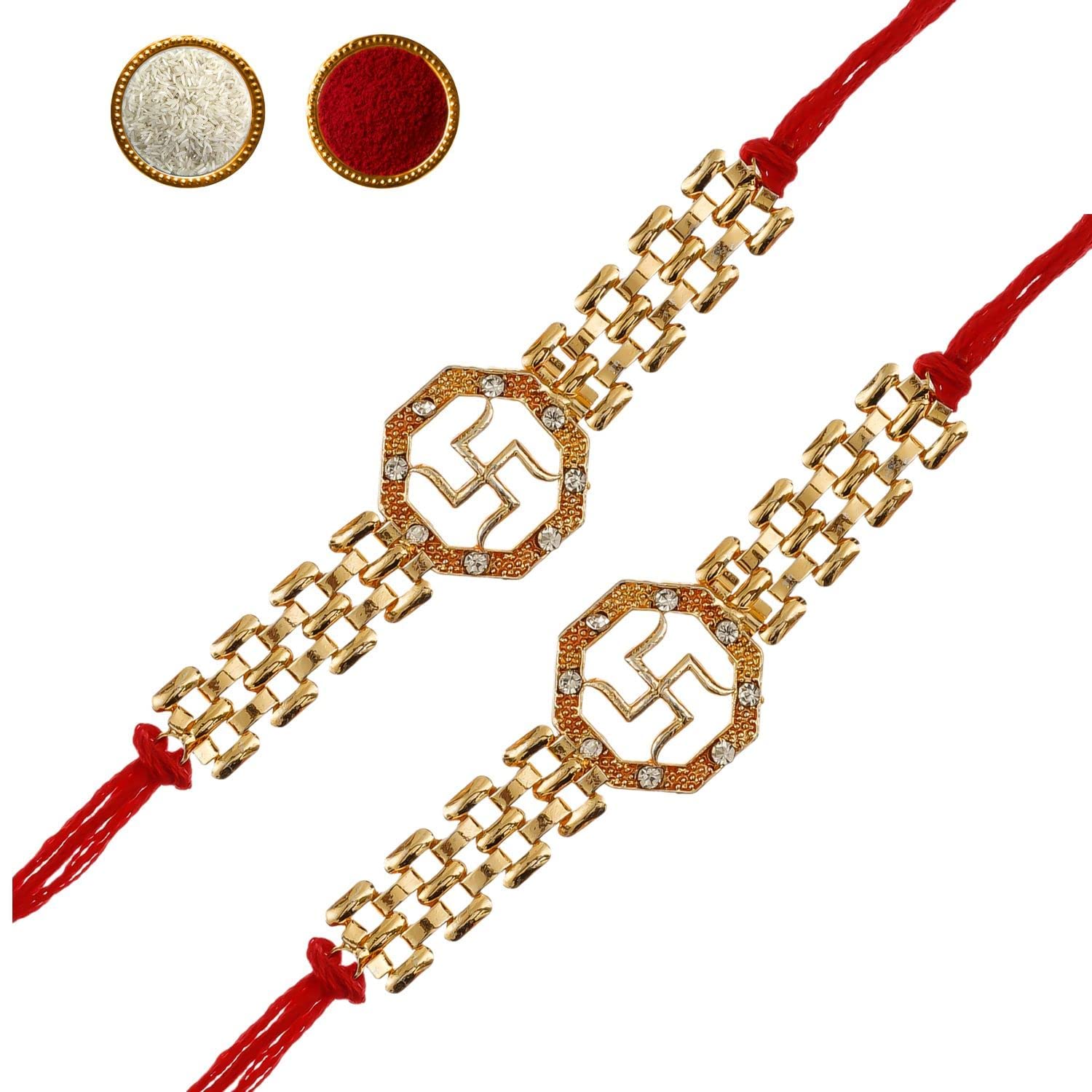 Wogan Indian Swastika Design Golden Rakhi for Brother with Roli-Chawal (Pcs of 2)