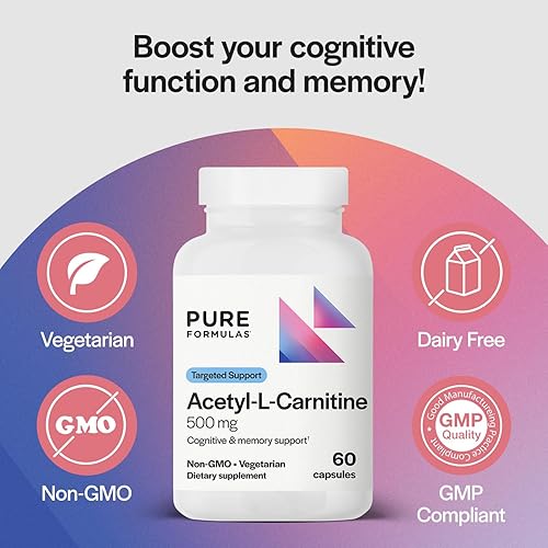 Miniatura 4 de Pure Formulas Acetil L-carnitina apoyo cognitivo y de memoria L Carnitina Suplemento para cerebro, concentración y calma Alcar, 500 mg sin lácteos