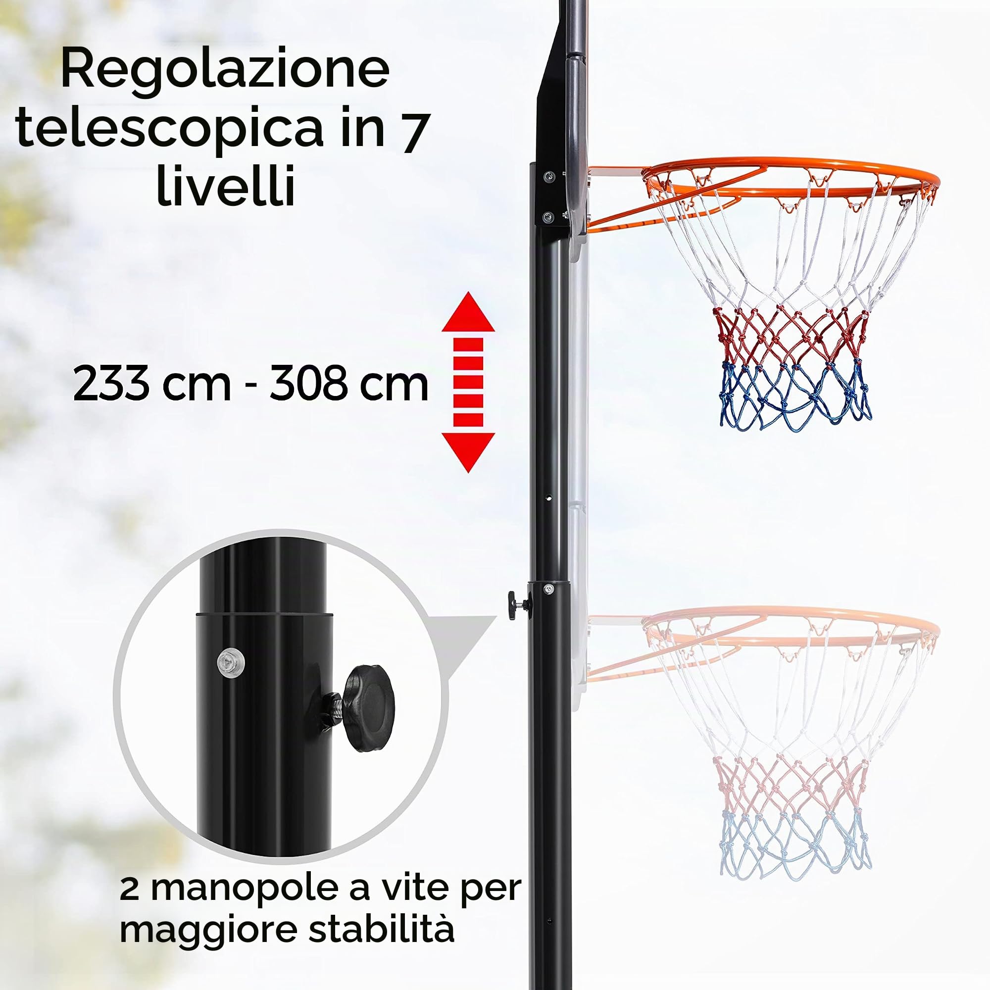 Yaheetech Canestro da Basket con Tabellone Cerchio Regolabile 233-308 cm da Interno/Esterno in HDPE e Metallo con Ruote Nero/Arancione