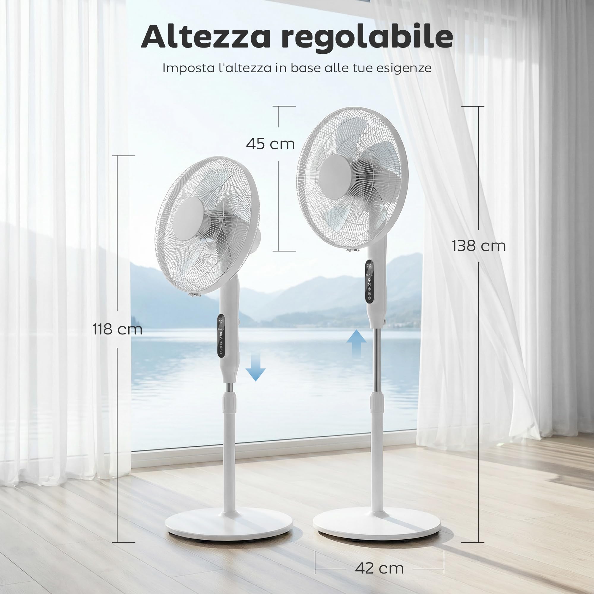 HOMCOM Ventilatore a Piantana 45 cm con Telecomando, 3 Velocità, Altezza Regolabile, Timer 15h, WIFI Controllo, Oscillante, Ventilatore da Terra per Camera, Bianco