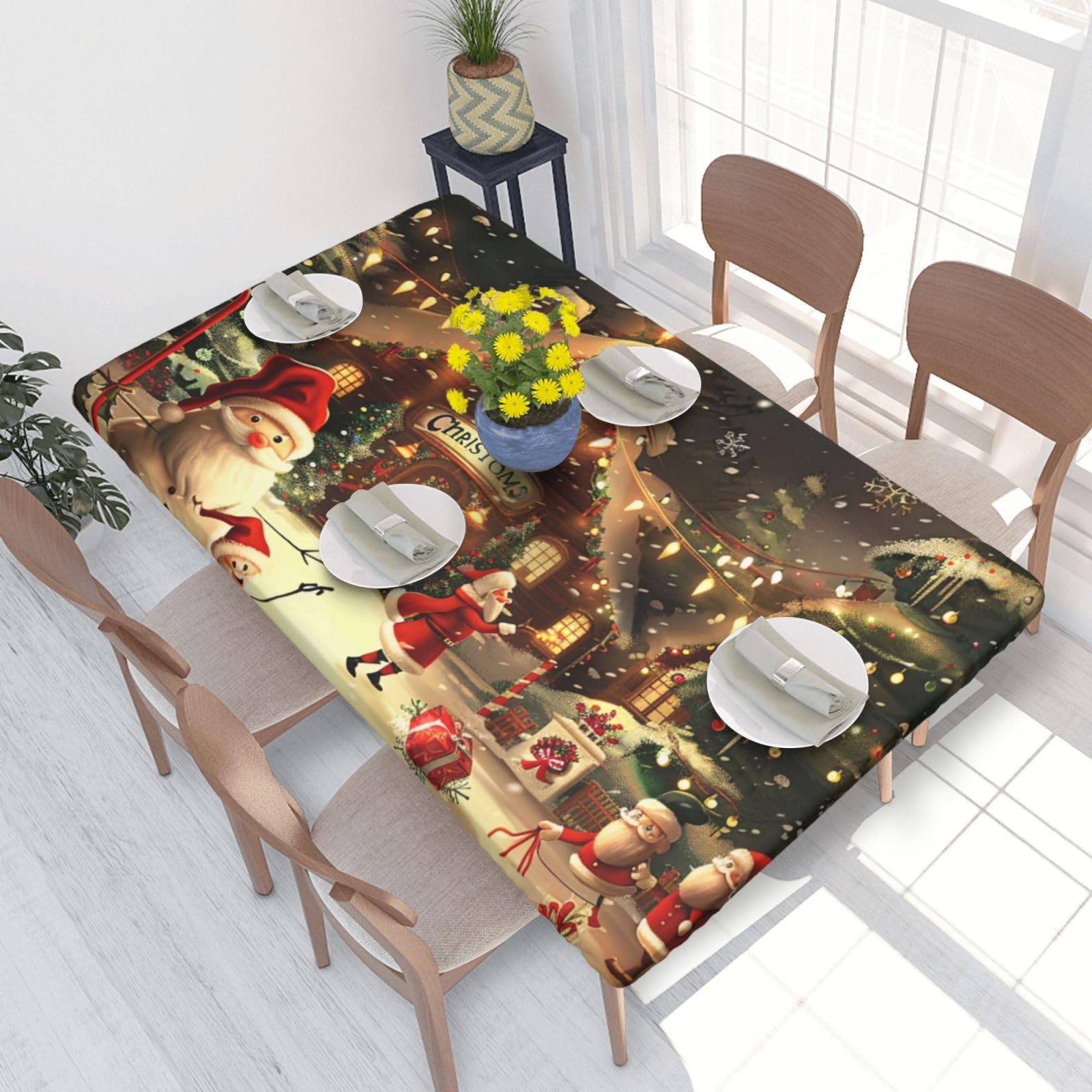 DCARSETCV Merry Christmas 1 Printed 4FT Waterproof Tablecloth with Elastic Edged Protect & Decor Your Table, Oil-proof Washable Table Cloth Cover for Dinner Picnic Party