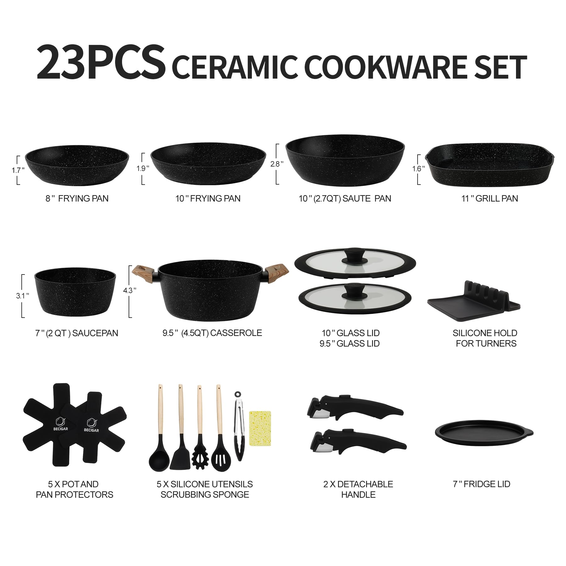 BECIGAR 23pcs Ceramic Pots and Pans Set, Nonstick Detachable Handle Cookware, Induction Kitchen Cooking Set with Removable Handle,include Frying Pans & Saucepans Oven Safe (Black)