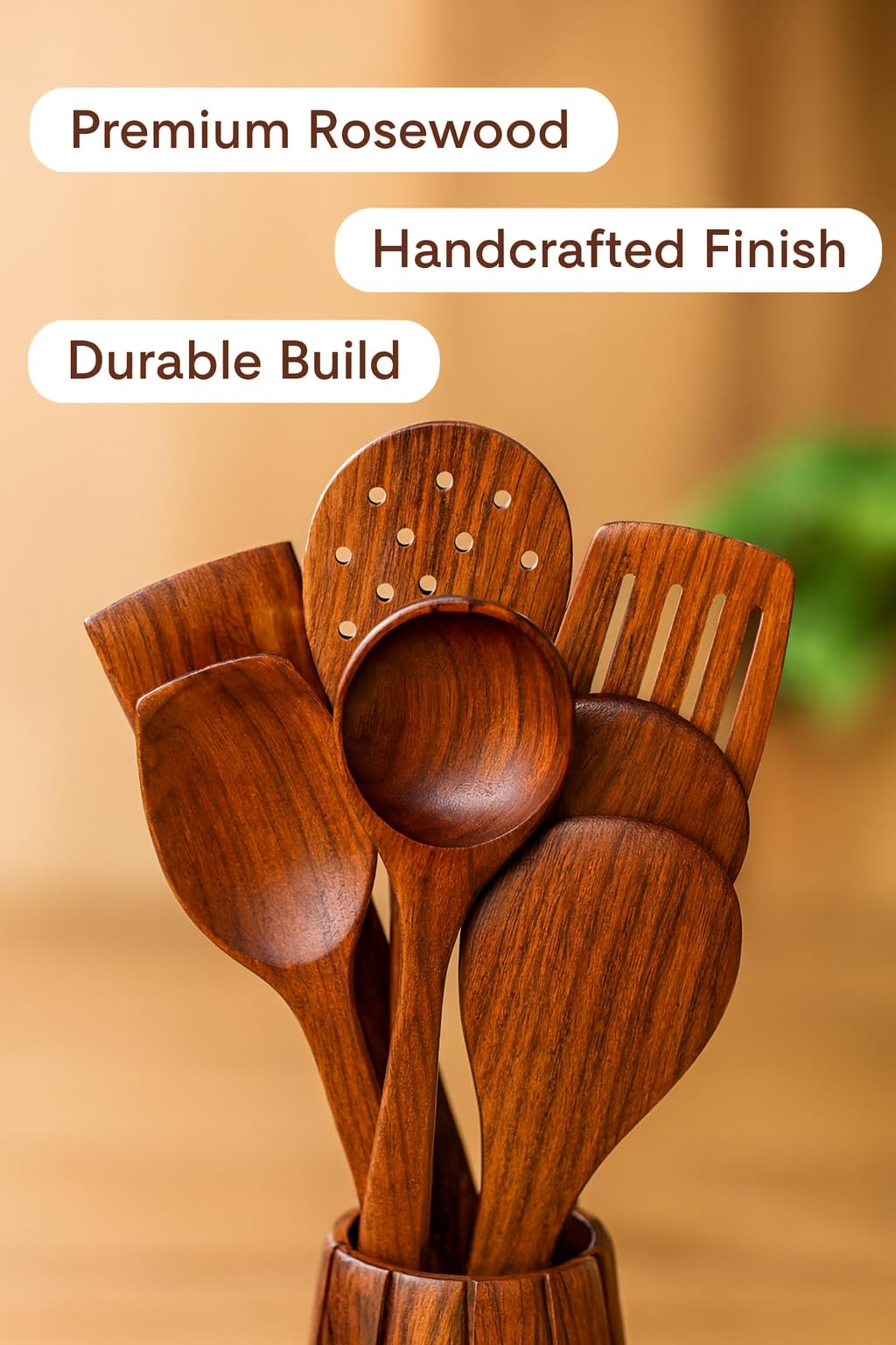 Craftize Mstore Wooden Cooking Spoon Set – 7-Piece Kitchen Utensil Pack with Holder, Includes Frying Spoon, Soup Ladle, Spatula, Rice & Curry Spoons – Durable Natural Wood Cooking Tools 1