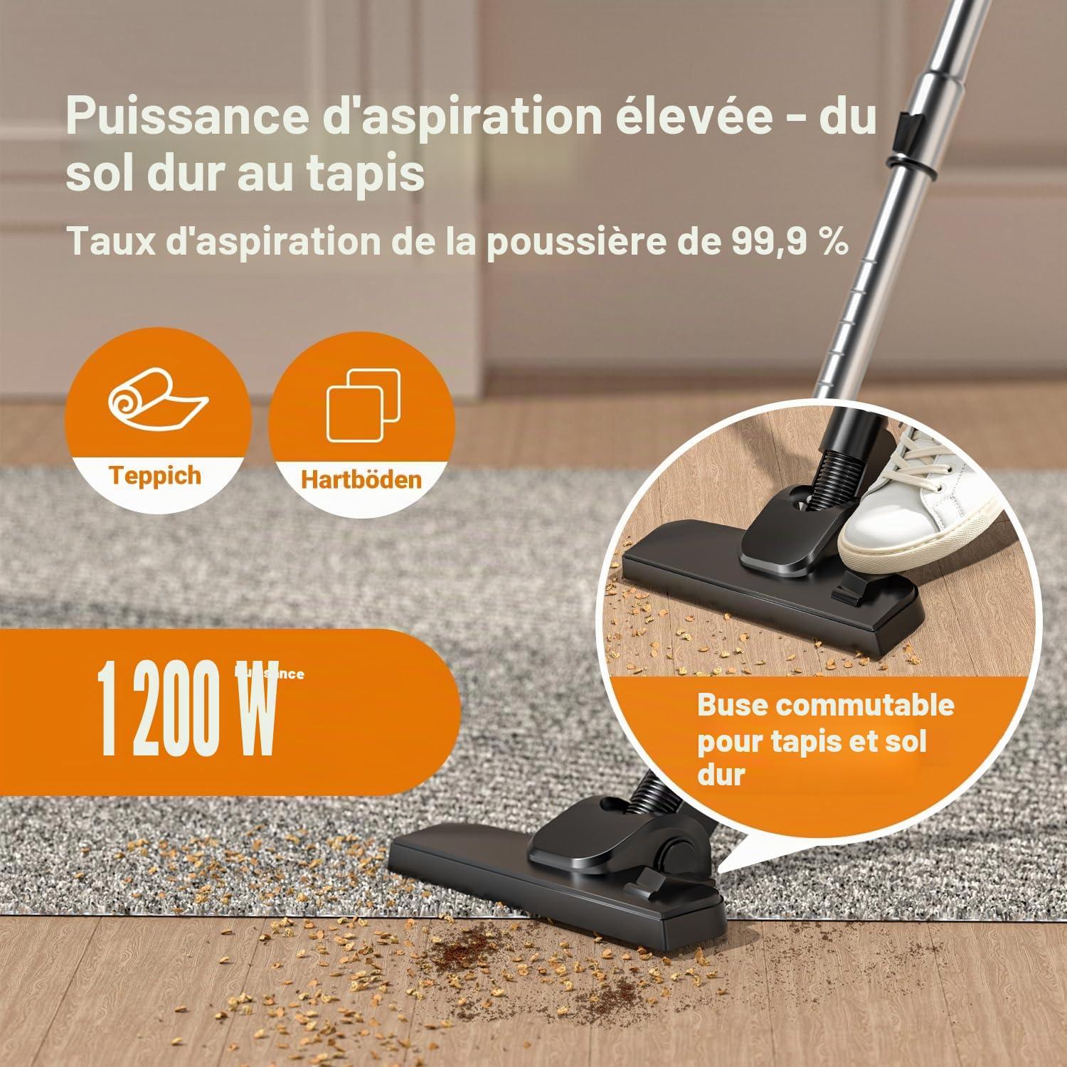 Aspirateur sans sac 1200 W - Forte puissance d'aspiration - Compact et léger - Sans sac - Silencieux < 70 dB - Réservoir à poussière de 2,5 l - Buse de sol pour sols durs et tapis - Filtre