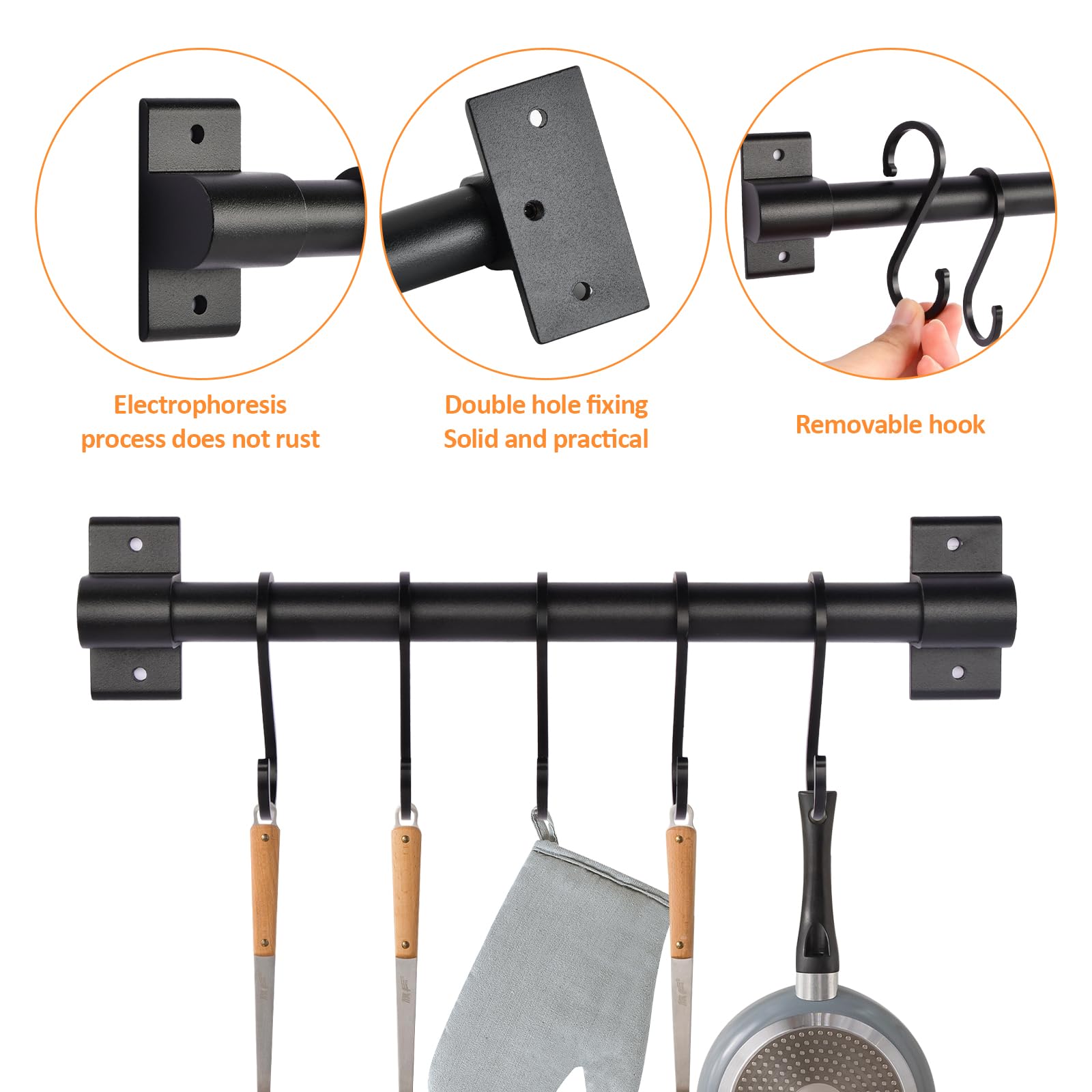 volumoon Barra Colgador de Utensilios Cocina, Barra para Colgar Utensilios con 5 Ganchos, Negro