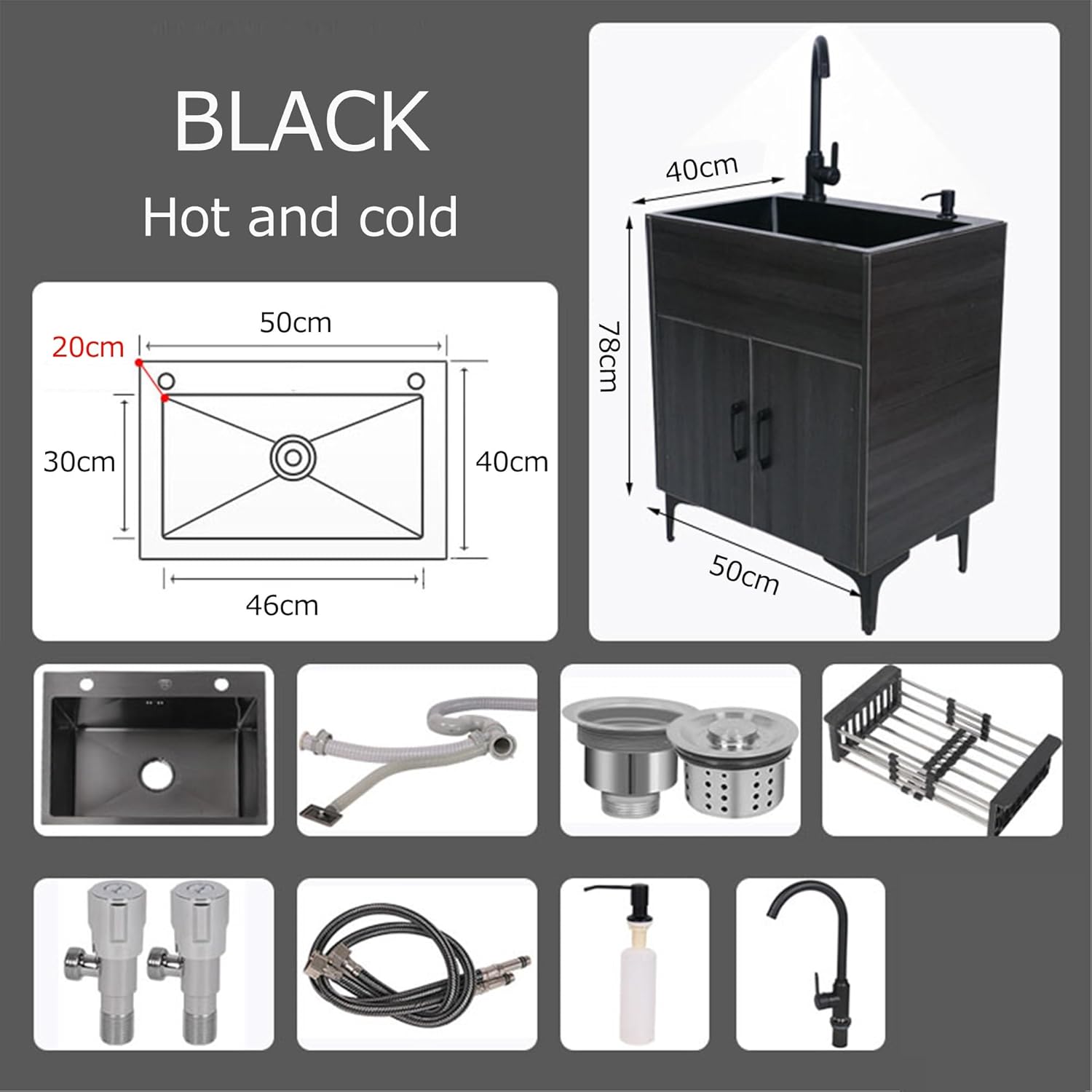 Outdoor Utility Sink With Cabinet Stainless Steel Single Bowl Commercial Restaurant Kitchen Workbench Sink, Laundry Sink Cabinet And Drawer Combo For Laundry Utility Room, Ba,4716 Black 50*40*78Cm