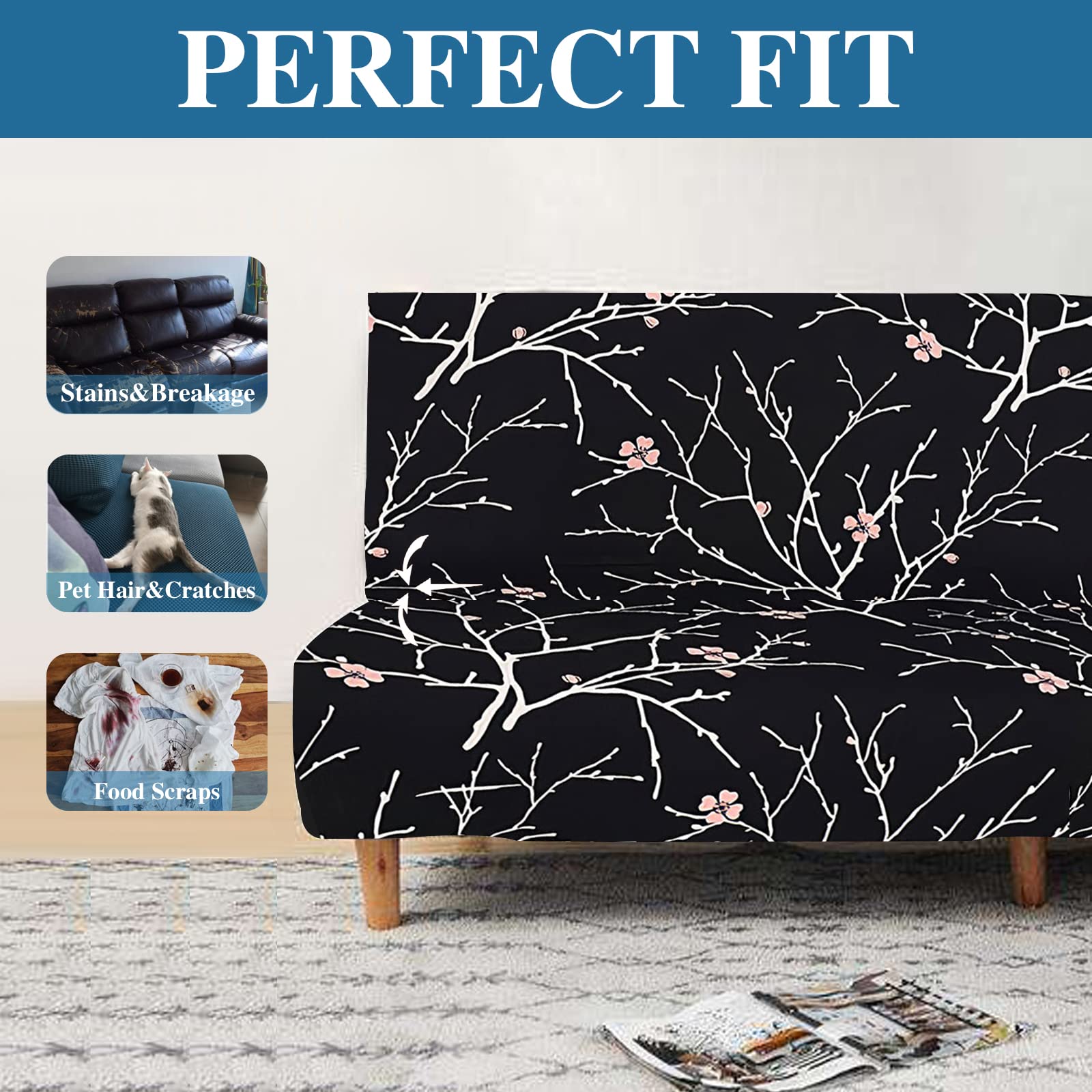 Jaotto Copridivano Clic Clac estensibile a 3 posti, fodera per divano senza braccio, elastica, in spandex, protezione per divano letto universale,Fiore Nero