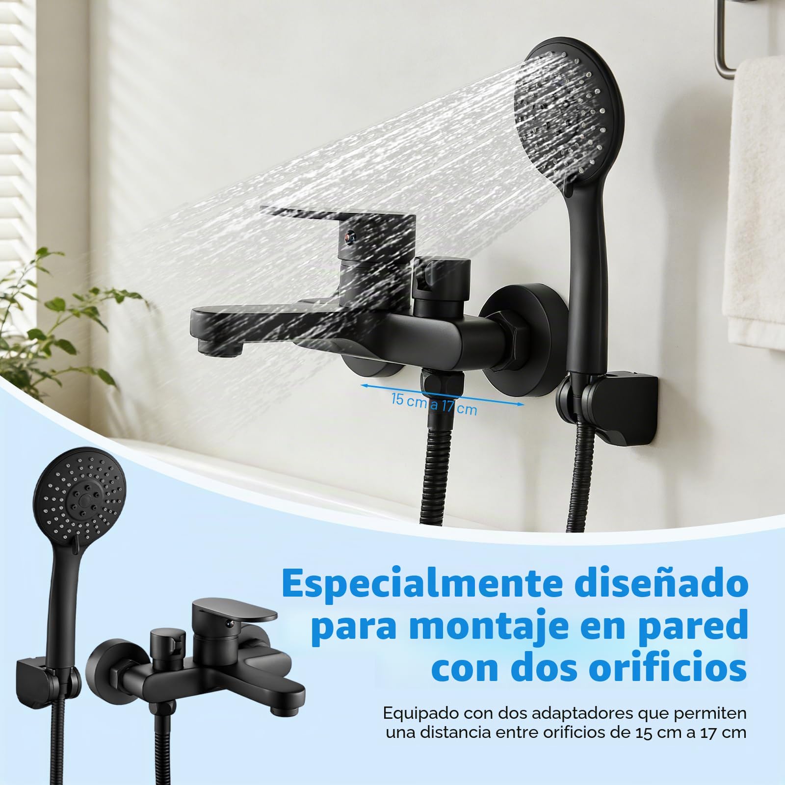 Grifo para Bañera y Ducha con Alcachofa de Mano | Mezclador Monomando de Latón Montado en La Pared, Alcachofa de Mano 3 Modos con Manguera de Acero Inoxidable 1.5m y Soporte