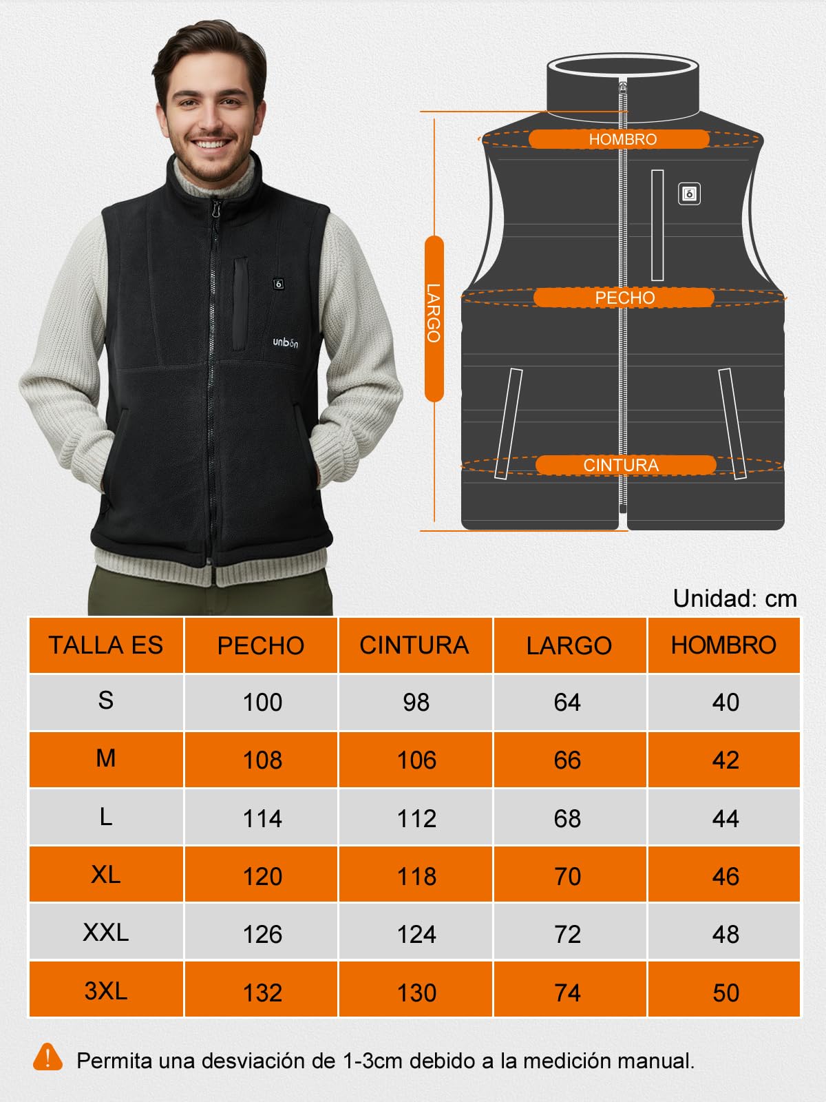 UNBON Chaleco Calefactable Hombre Batería USB 10000mAh 3 Temperaturas 6 Zonas Calefactables