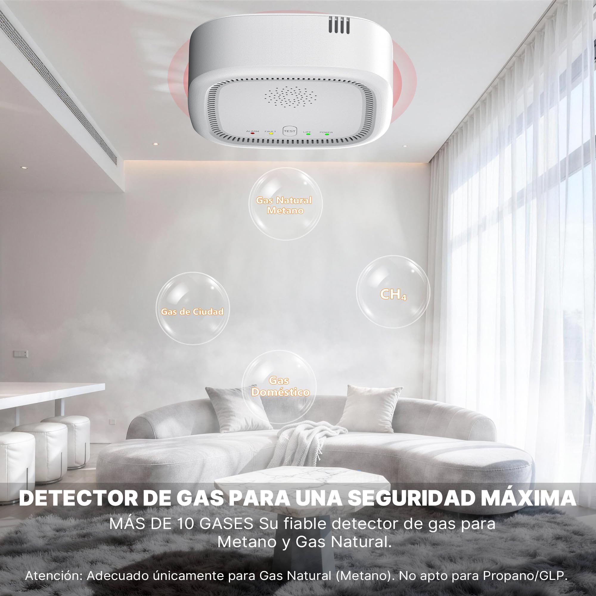 Detector de Gas 100% a Baterías, Detecta Gas Natural y Metano, Alarma Acústica y Visual para Casa y Autocaravana (Batería Incluida)