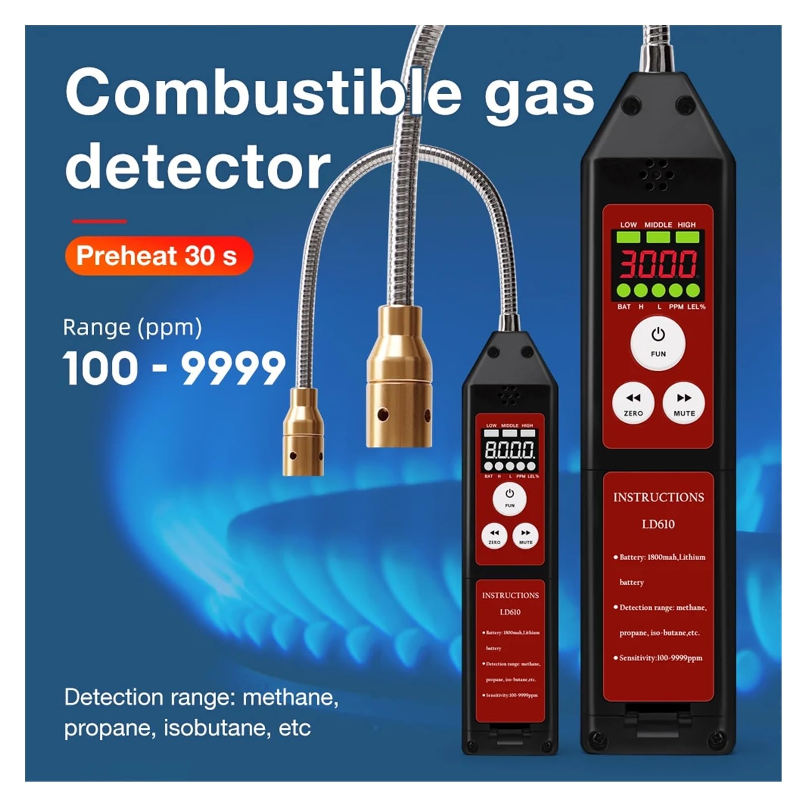 Détecteur de gaz, Détecteur de Fuite gaz Combustible Portable 100-9999 ppm, analyseur méthane Propane isobutane, Rechargeable par USB