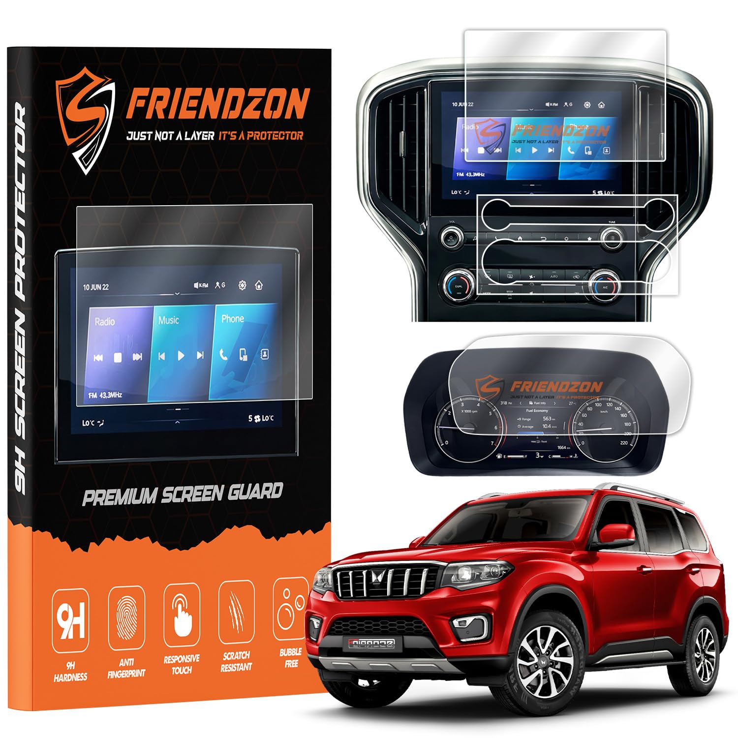 FriendZon 9H touch screen guard combo INFOTAINMENT SYSTEM & INSTRUMENT CLUSTER Protector compatible with MAHINDRA SCORPIO N 2022
