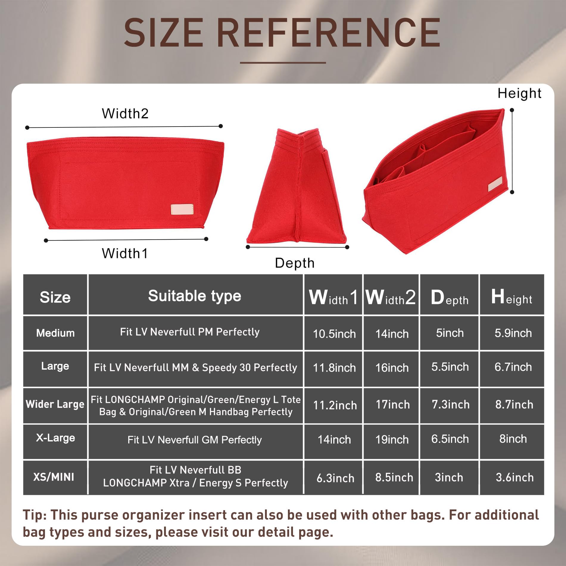 Doxo Organizador de bolso y bolsa de fieltro para Neverfull GM (XL, bolsa roja + forma de base roja)