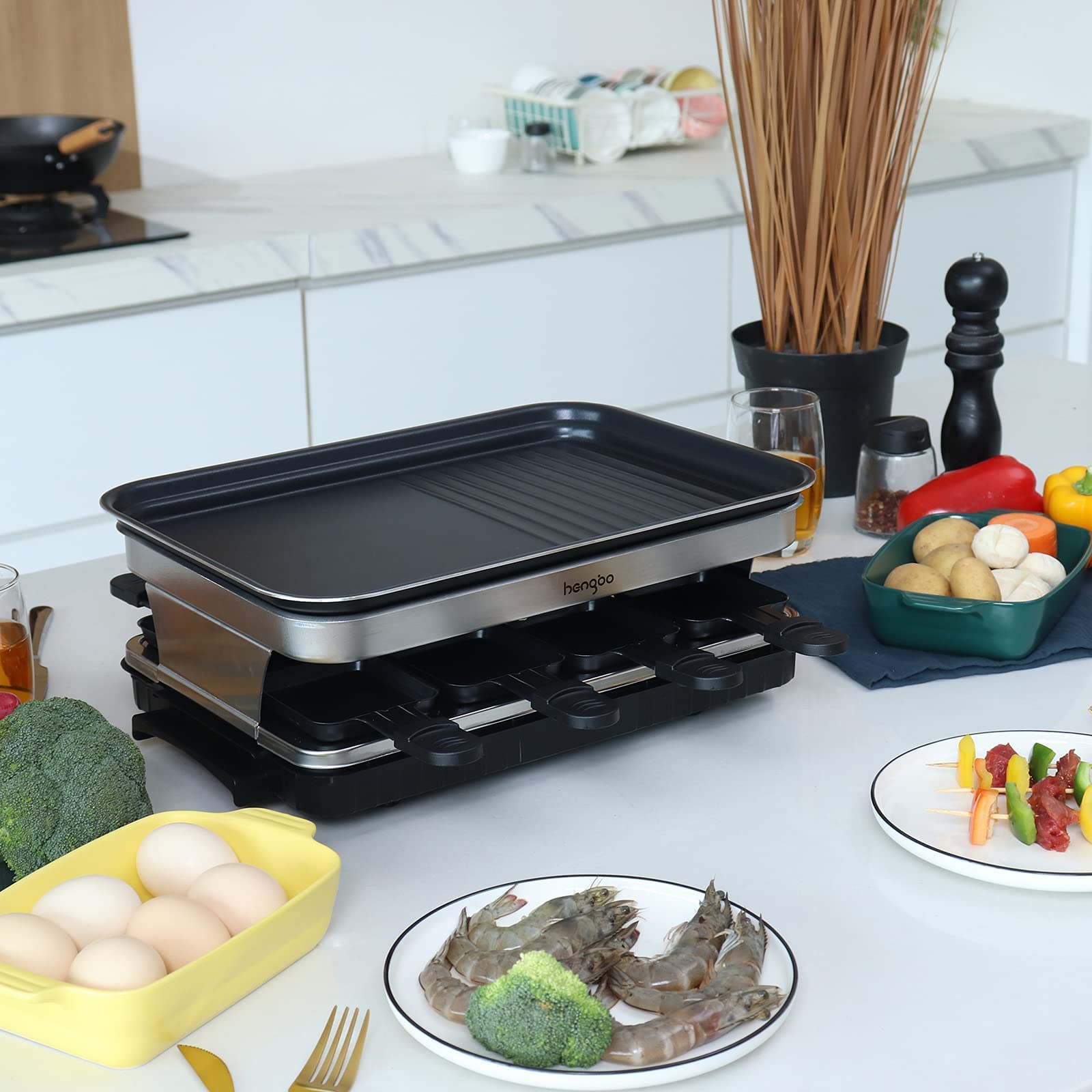 Raclette 8 Personen Grillplatte Antihaftbeschichtet Raclette Grill 4 6 Personen mit 8 Mini Raclette Pfännchen & 4 Holzspatel Stufenlos Regulierbare Temperatur 1500W Edelstahl