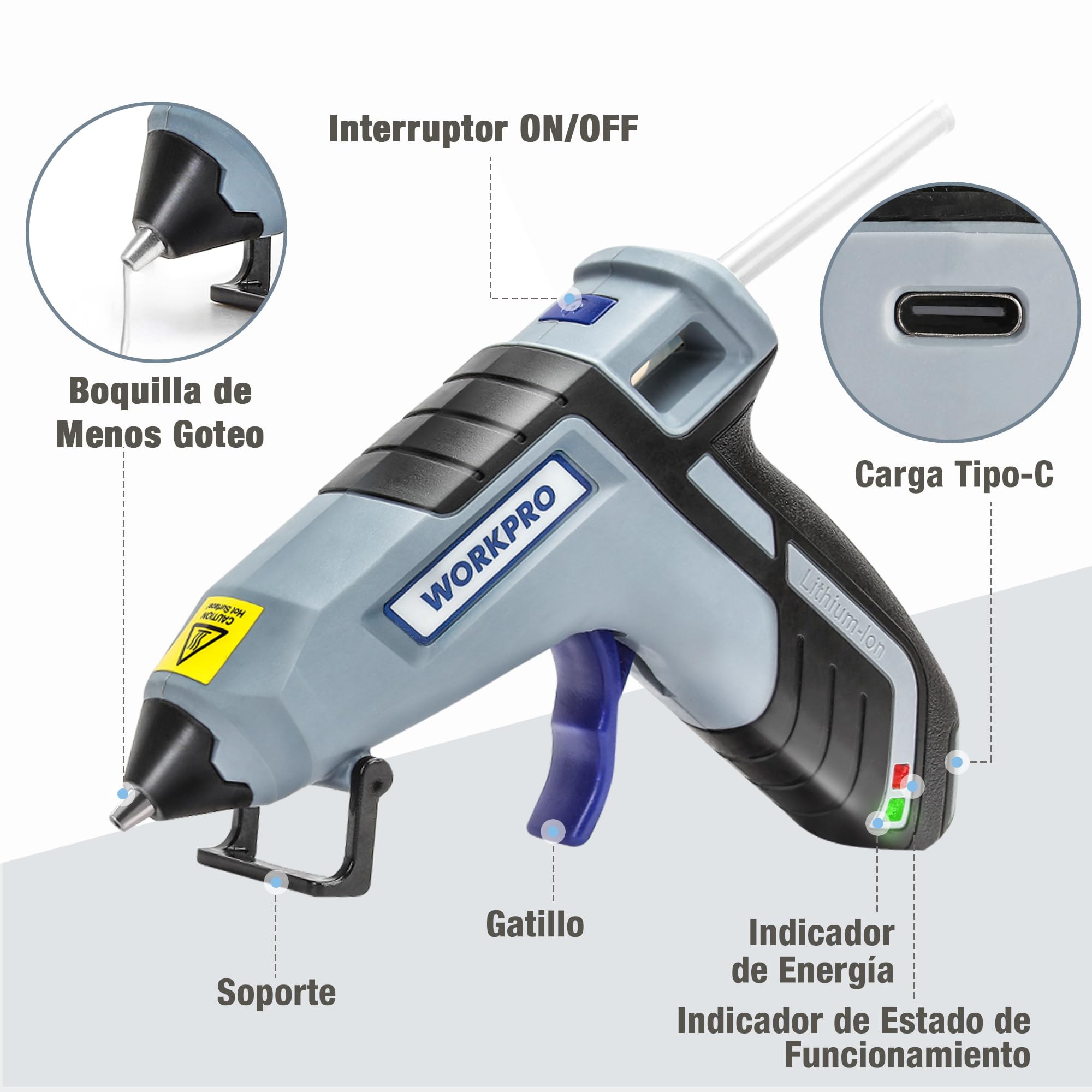 WORKPRO Pistola de Silicona Caliente Inalámbrica con 20 Barras (7x100 mm), 3,6V Pistola de Pegamento Termofusible con Boquilla de Menos Goteo, USB-C Recargable, Ideal para Bricolaje y Decoración