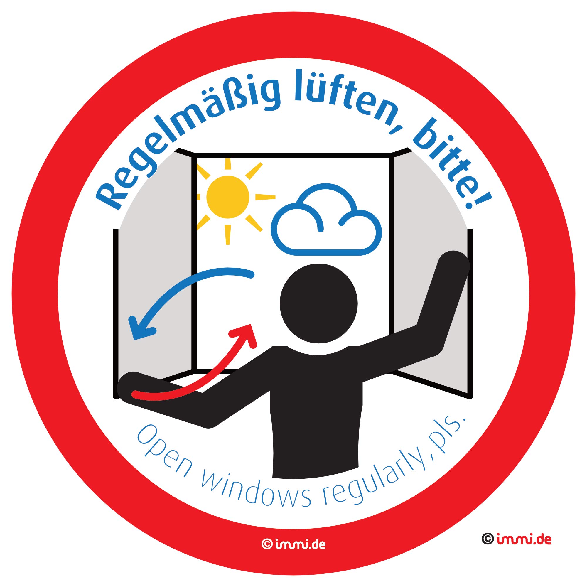 immi 4x Aufkleber Regelmäßig lüften/Open windows regularly, Hygiene/frische Luft, 95mmØ
