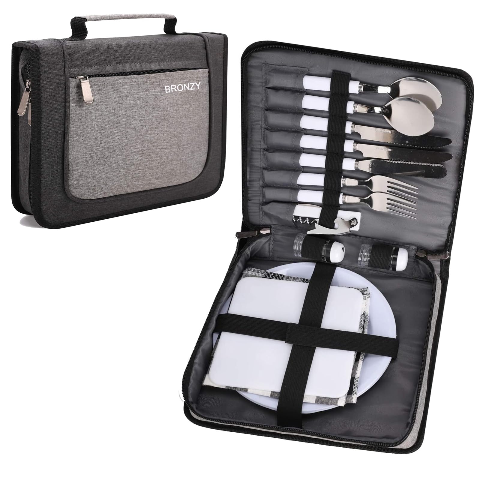 BRONZY Picnic Set Camping Cutlery Organizer Dinnerware Set - Mess Kit,Portable Eating Set with Plates,Spoons,Knives,Wine Opener,Forks,Napkinsc (16pcs/24pcs)