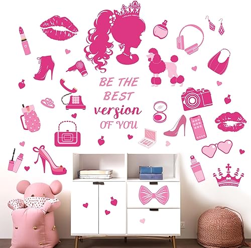 Pegatinas de pared de princesa para dormitorio de niñas calcomanías de pared de moda de muñeca rosa - Decoración de pared para habitación de niños y