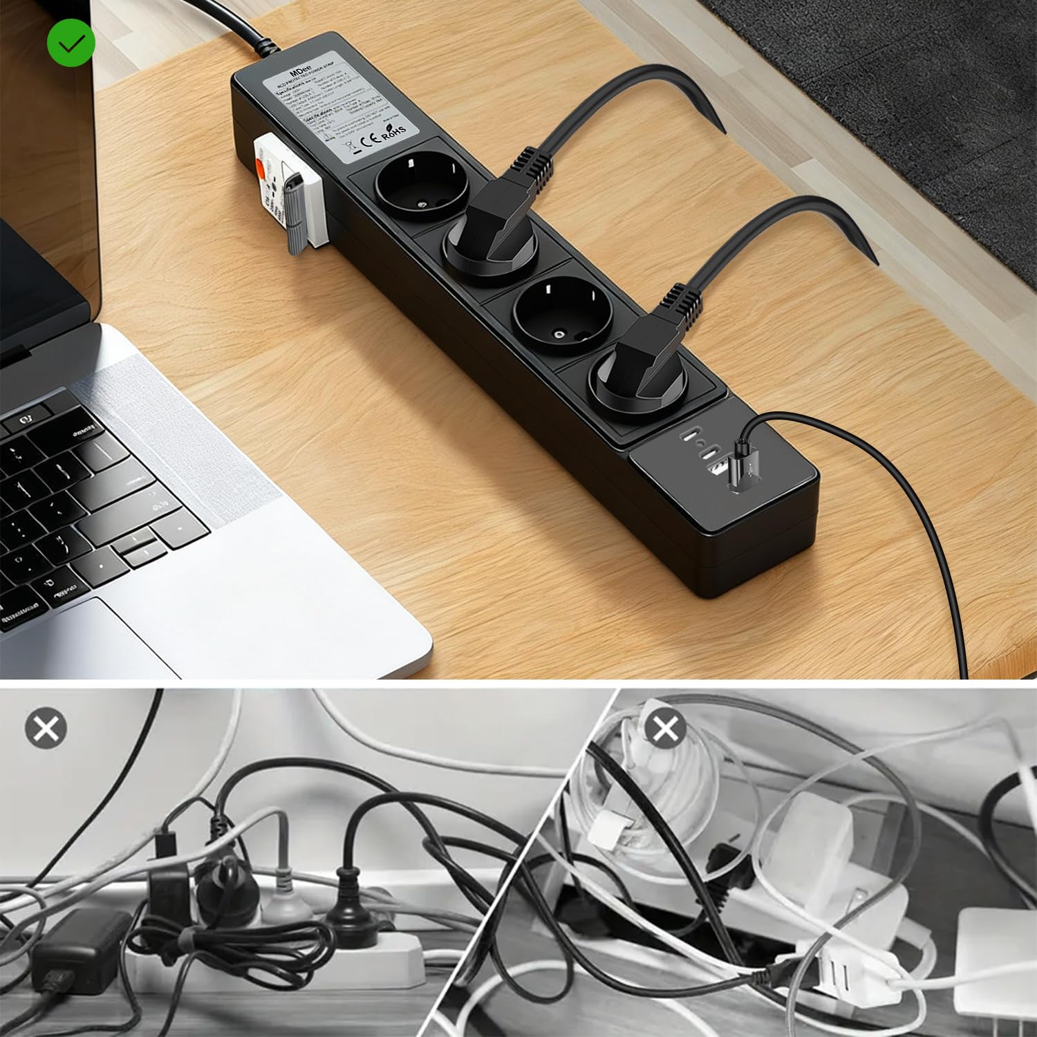 MDee Ciabatta con USB e interruttore differenziale (RCD), 4 prese multiple con salvavita, prolunga cavo 3 m, 3680 W / 16 A, protezione da sovratensioni, ciabatta da parete, per laptop, ufficio