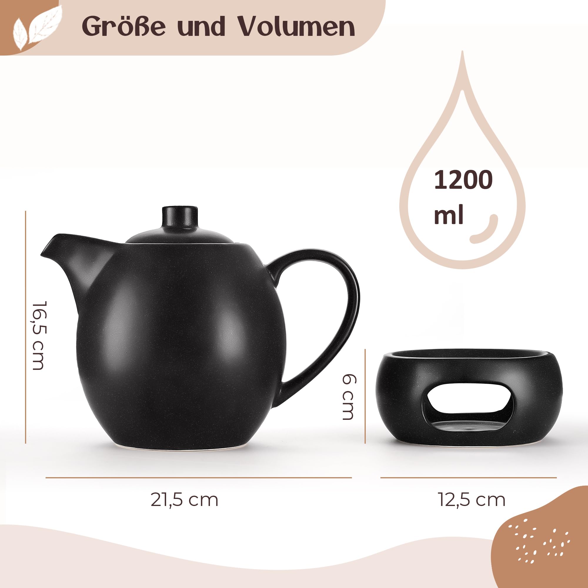 Teekanne mit Stövchen Set - 1,2 l - Teekanne mit Siebeinsatz und Stövchen - Keramik - Schwarz - Tee Zubehör - mit Kerzenwärmer