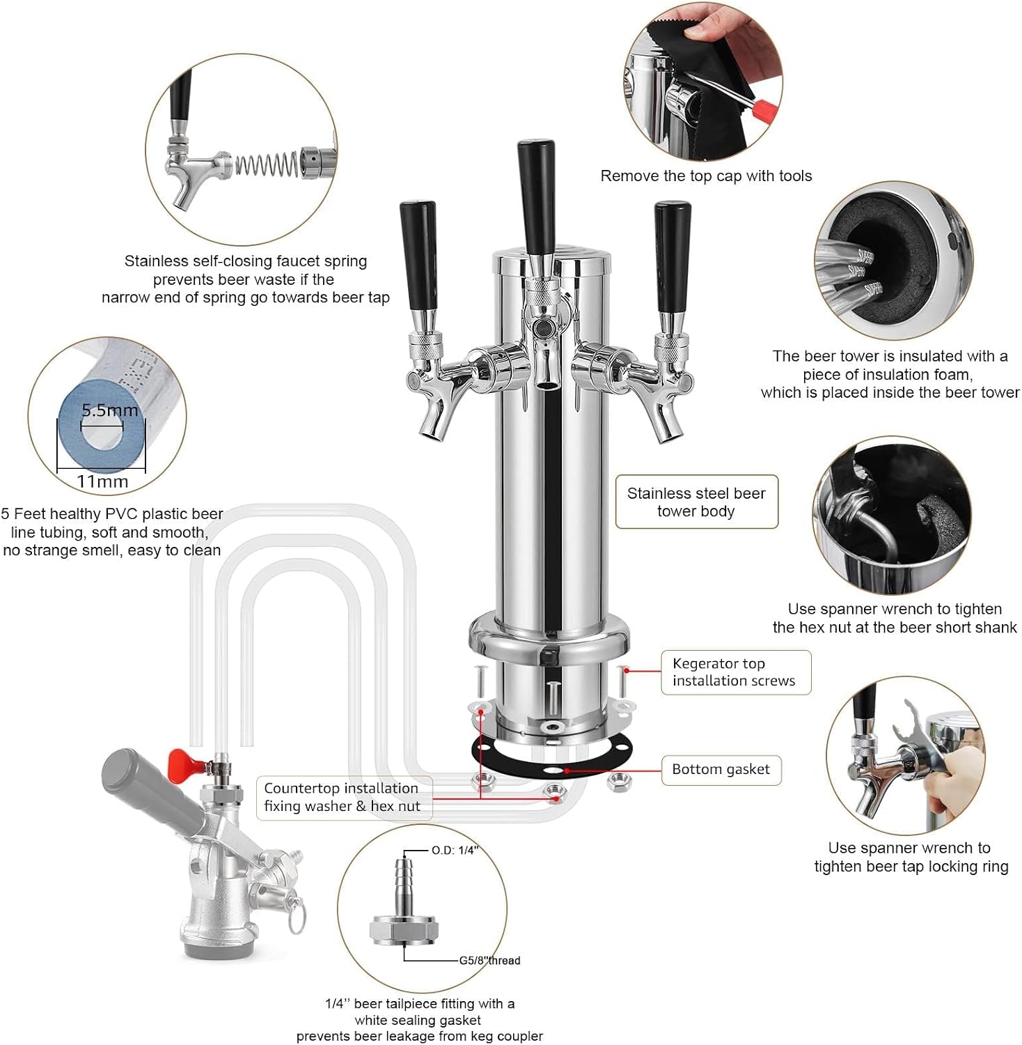 All Stainless Steel Triple Tap Draft Beer Tower, 3” Flange Self-Closing Beer Tap Tower Kegerator Tower Keg Tap Dispenser 1/4'' Barb Fitting Kit for Kegerator Countertop Installation