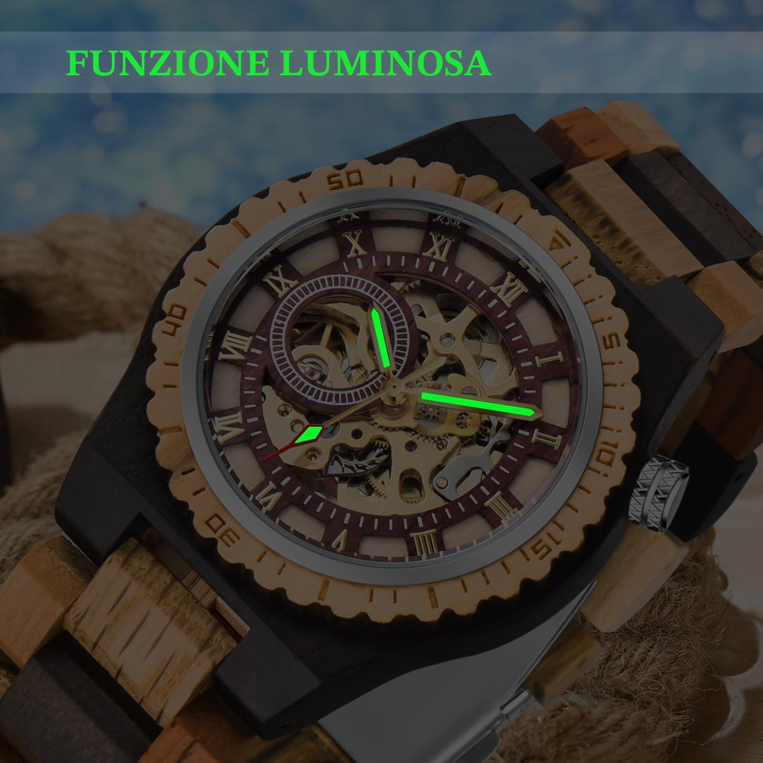 Tiong Orologio sportivo meccanico in legno, quadrante digitale cavo, cinturino in legno con lancette luminose, orologio meccanico da uomo